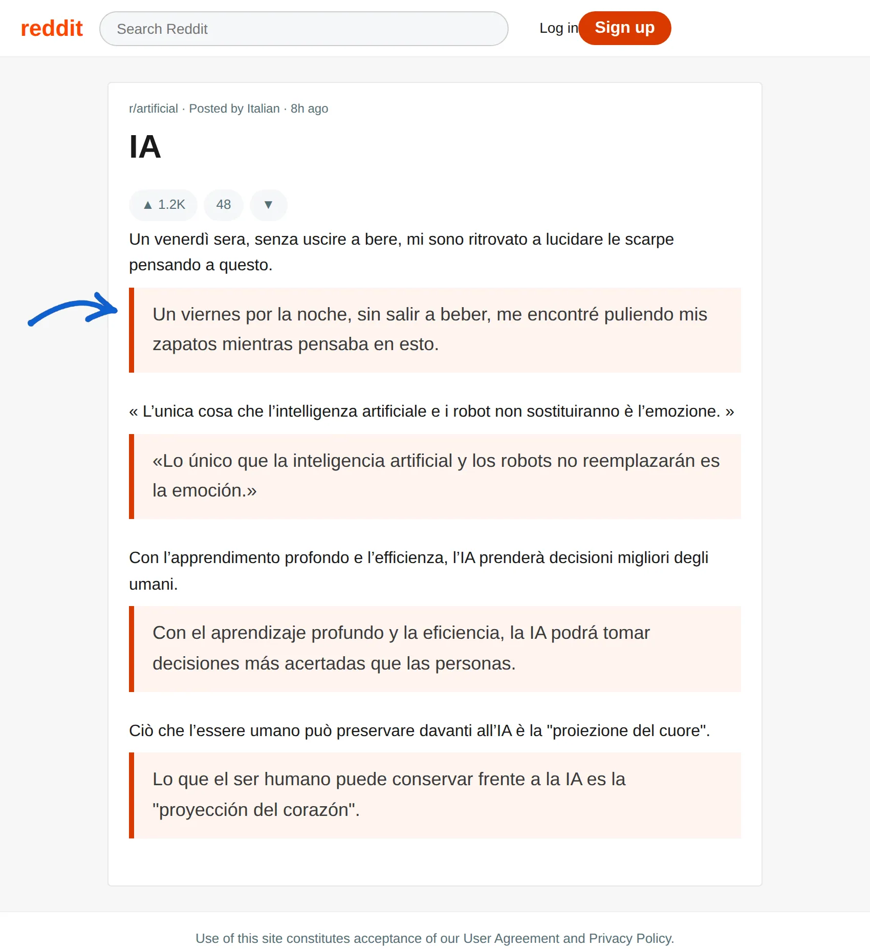 Italian post translated to Spanish with BothLang