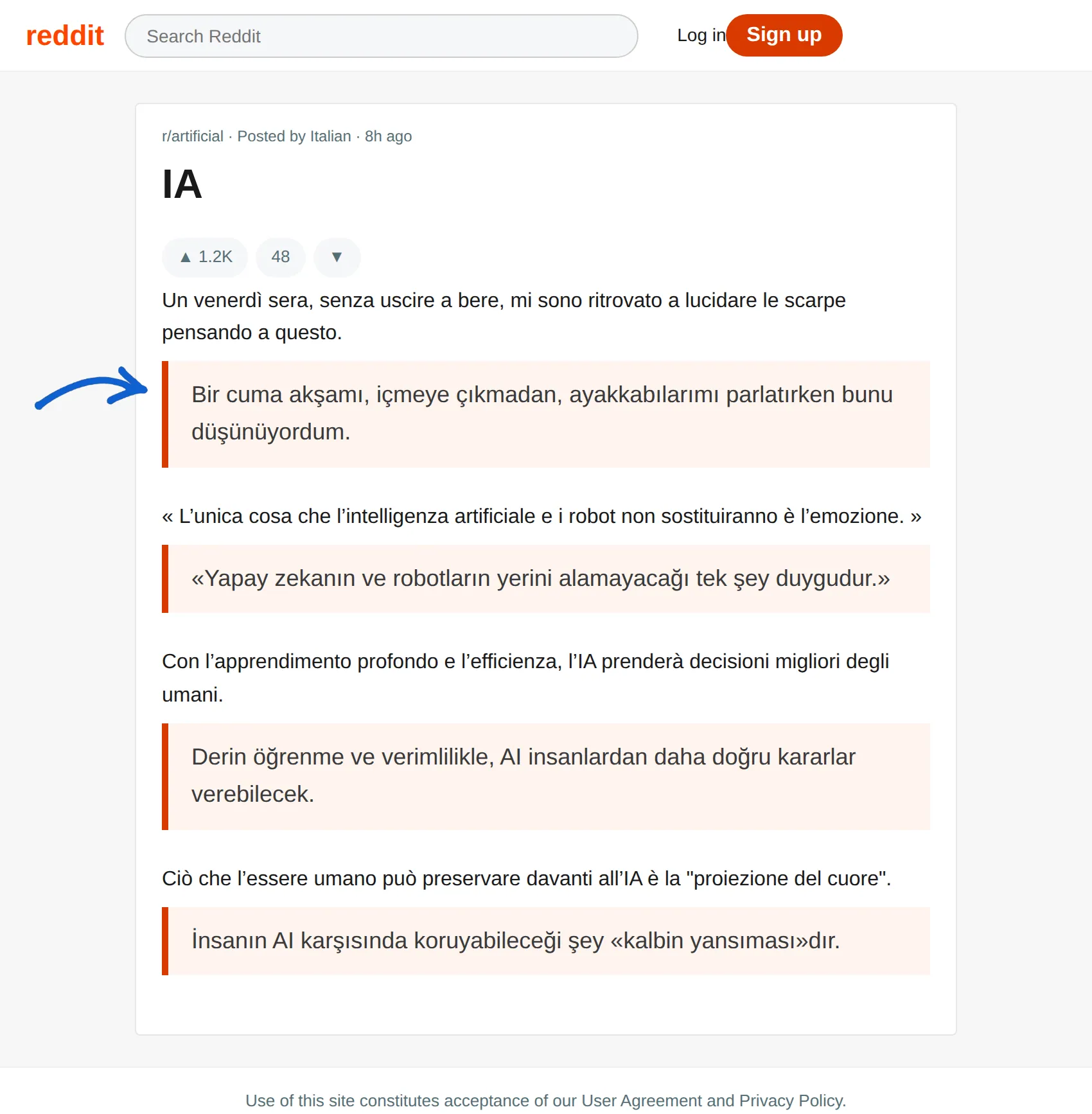 Italian post translated to Turkish with BothLang