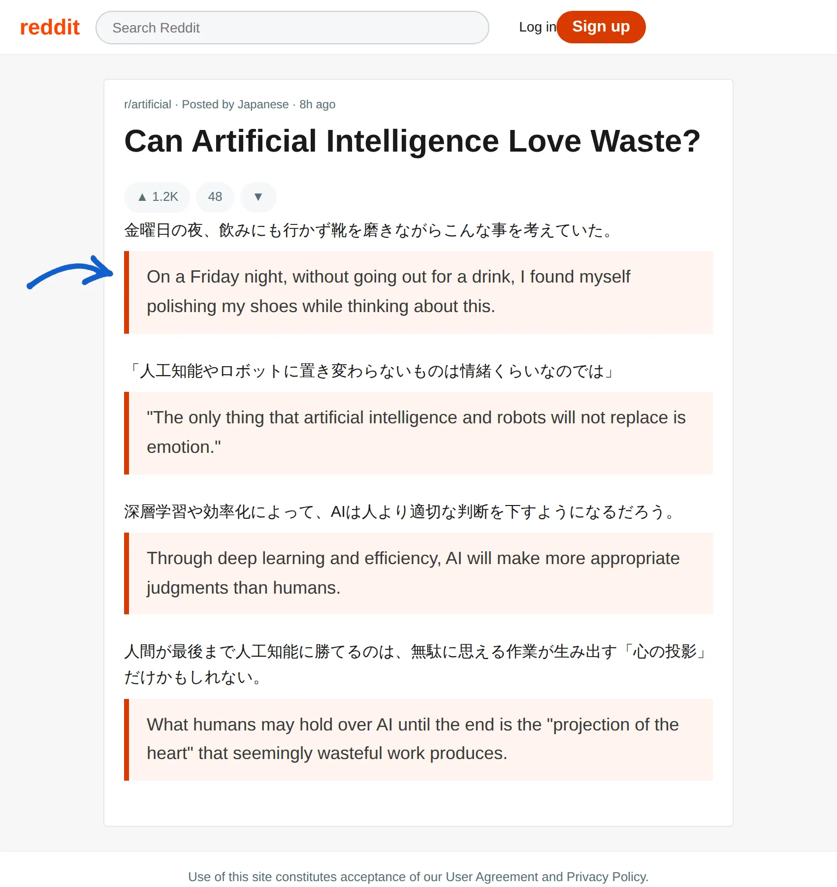 Japanese Reddit post translated to English with BothLang