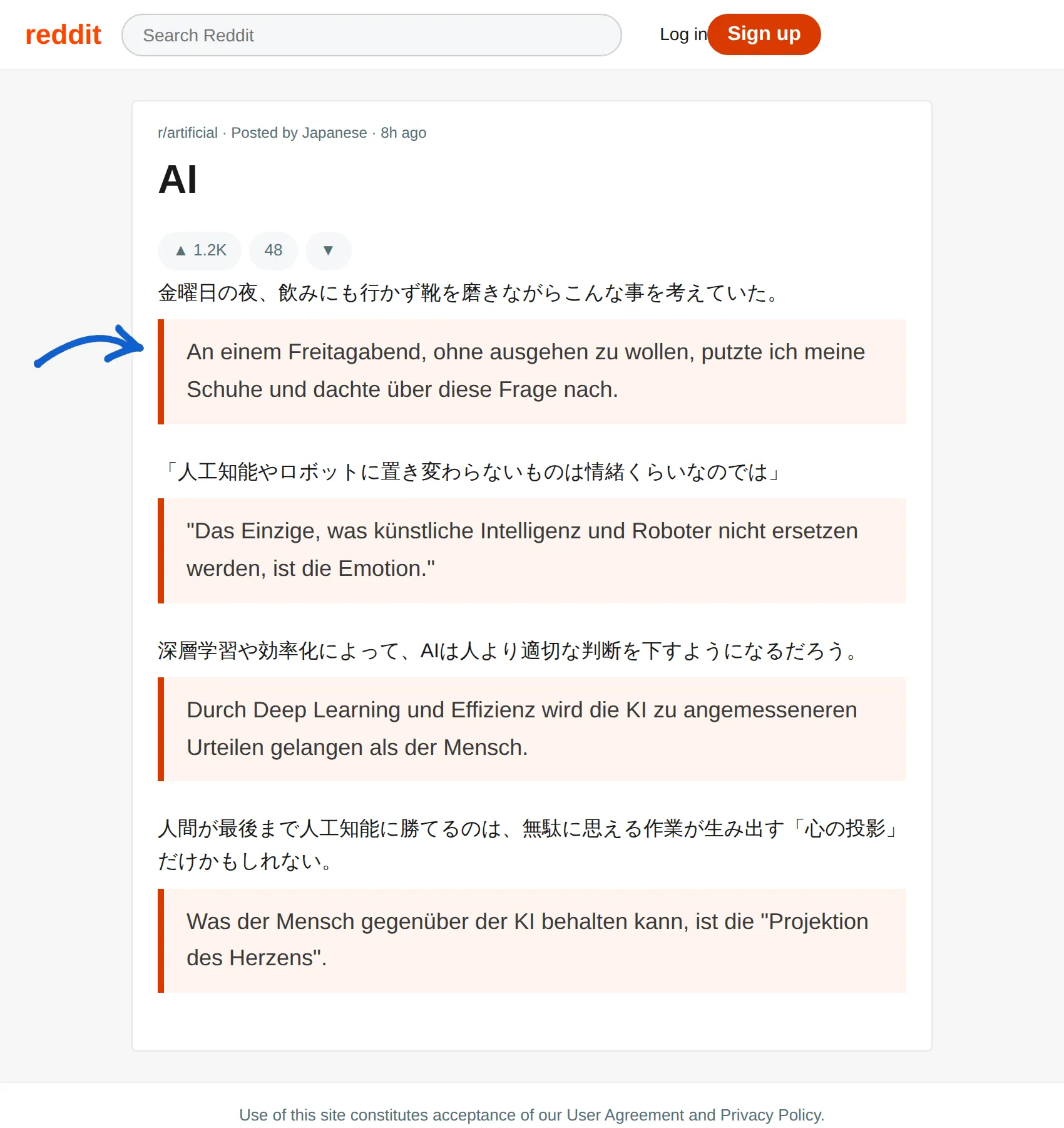 Japanese post translated to German with BothLang