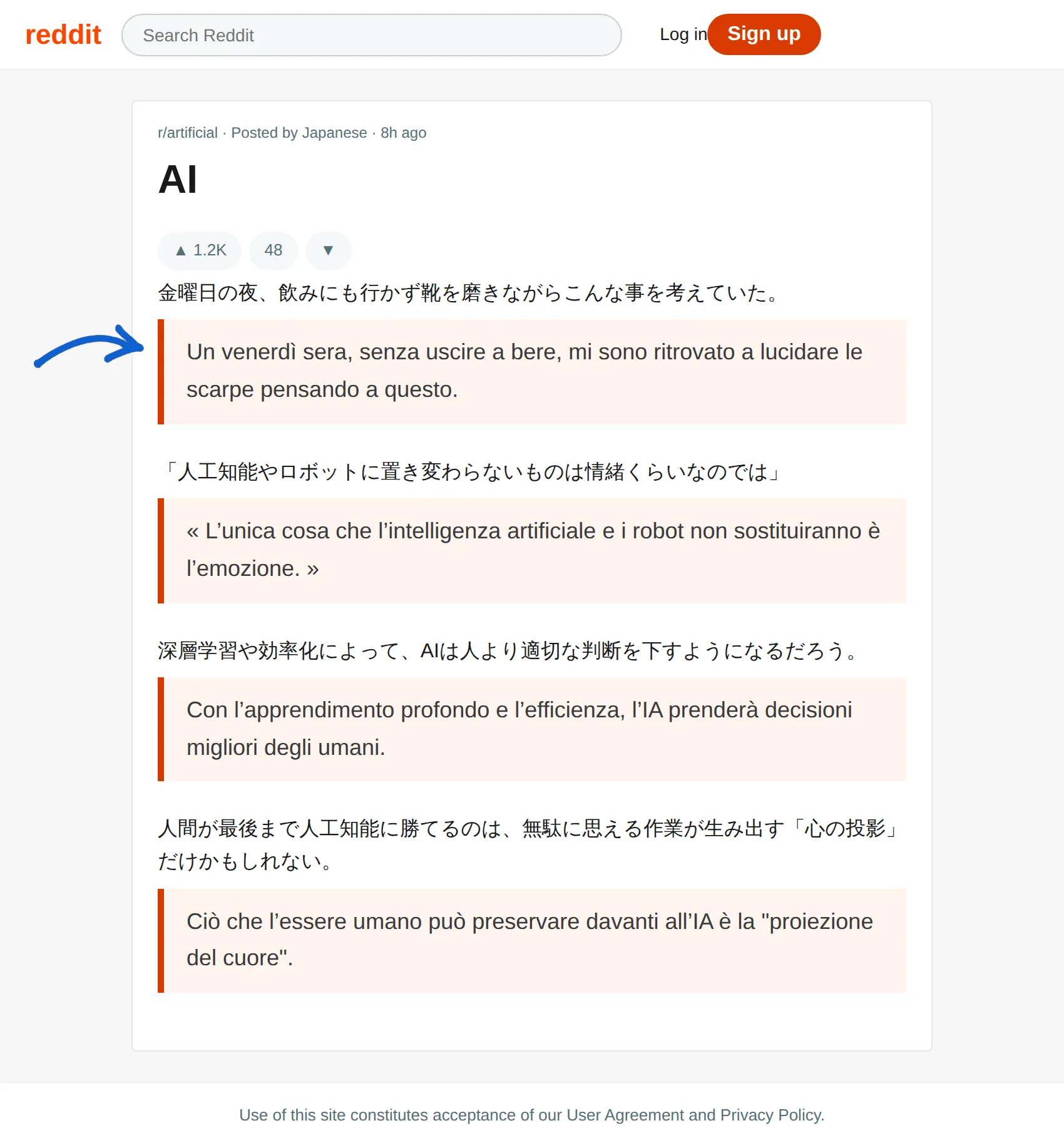 Japanese post translated to Italian with BothLang