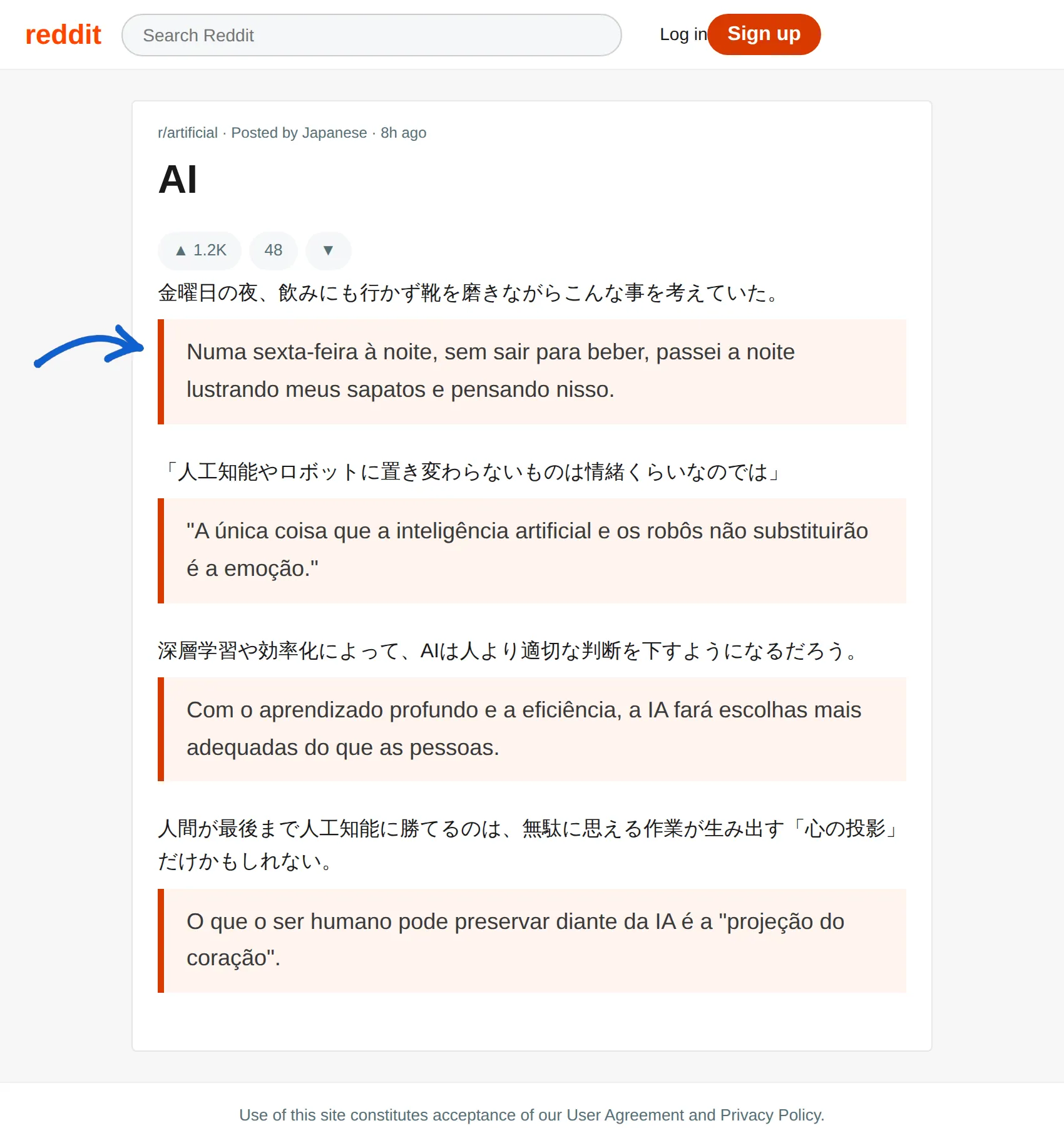 Japanese post translated to Portuguese with BothLang