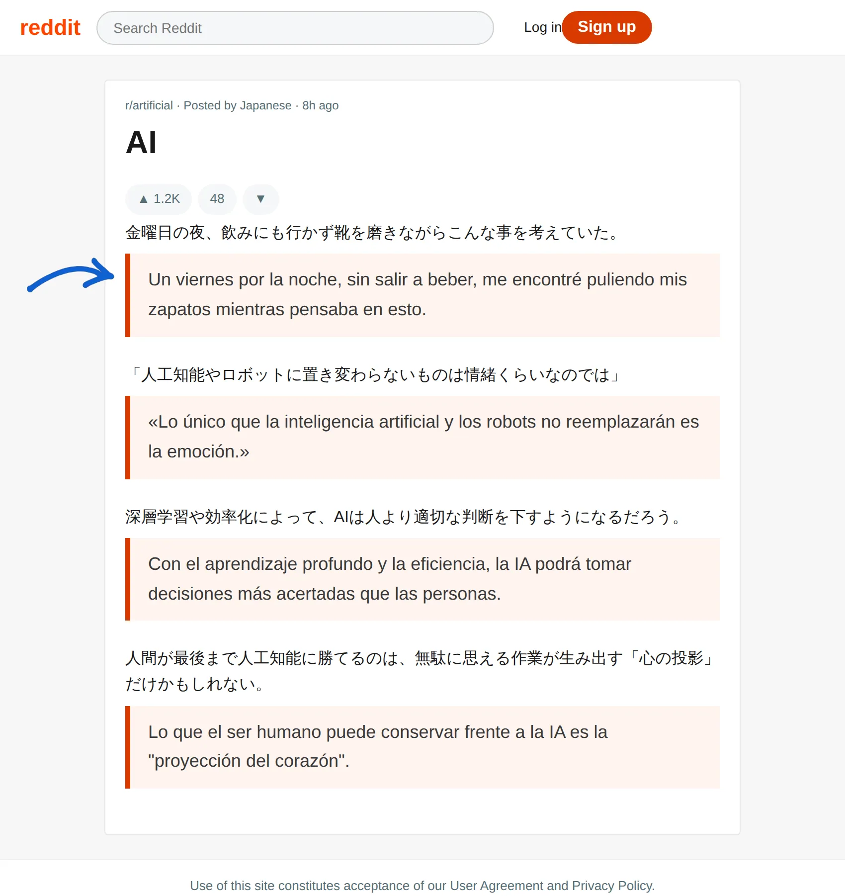 Japanese post translated to Spanish with BothLang