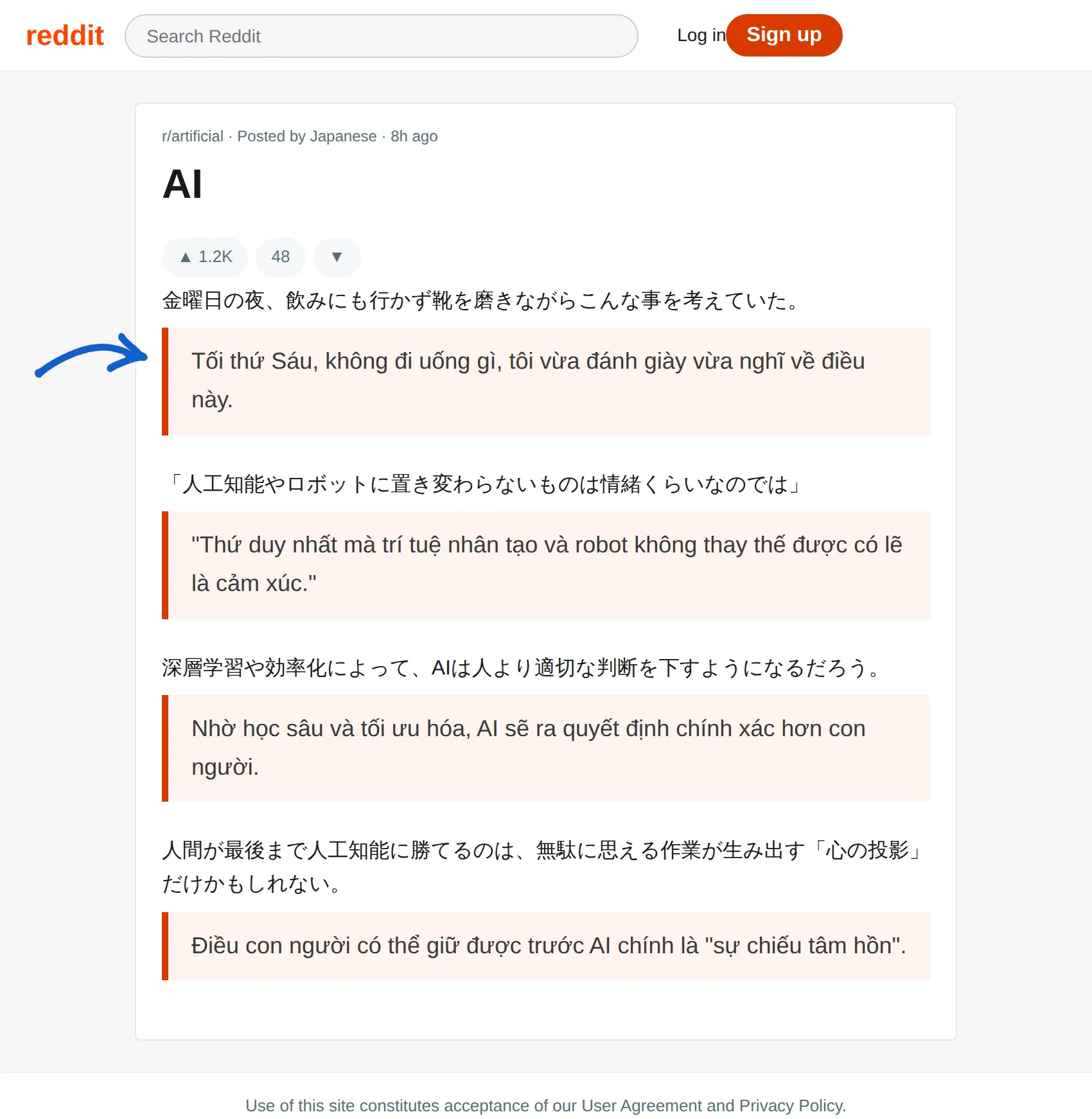 Japanese post translated to Vietnamese with BothLang