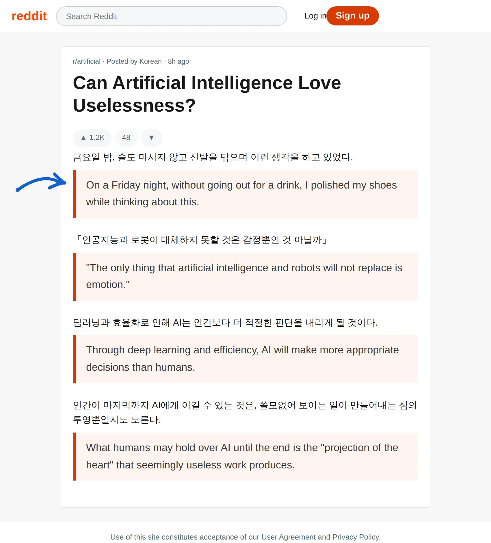 Korean Reddit post translated to English with BothLang