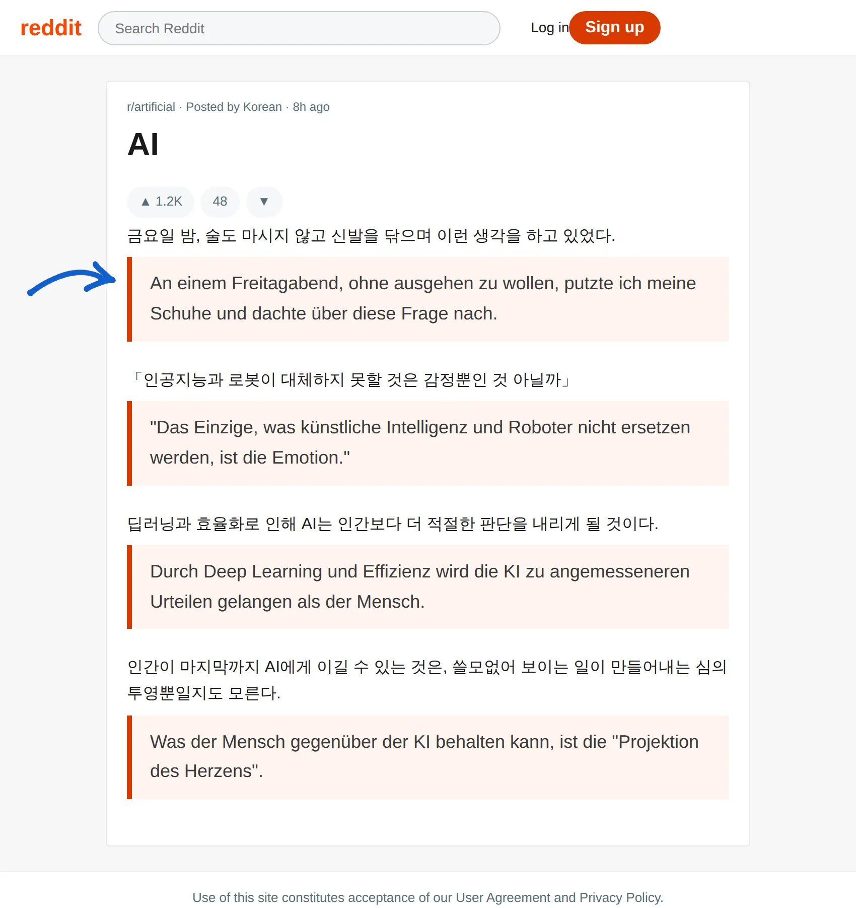 Korean post translated to German with BothLang