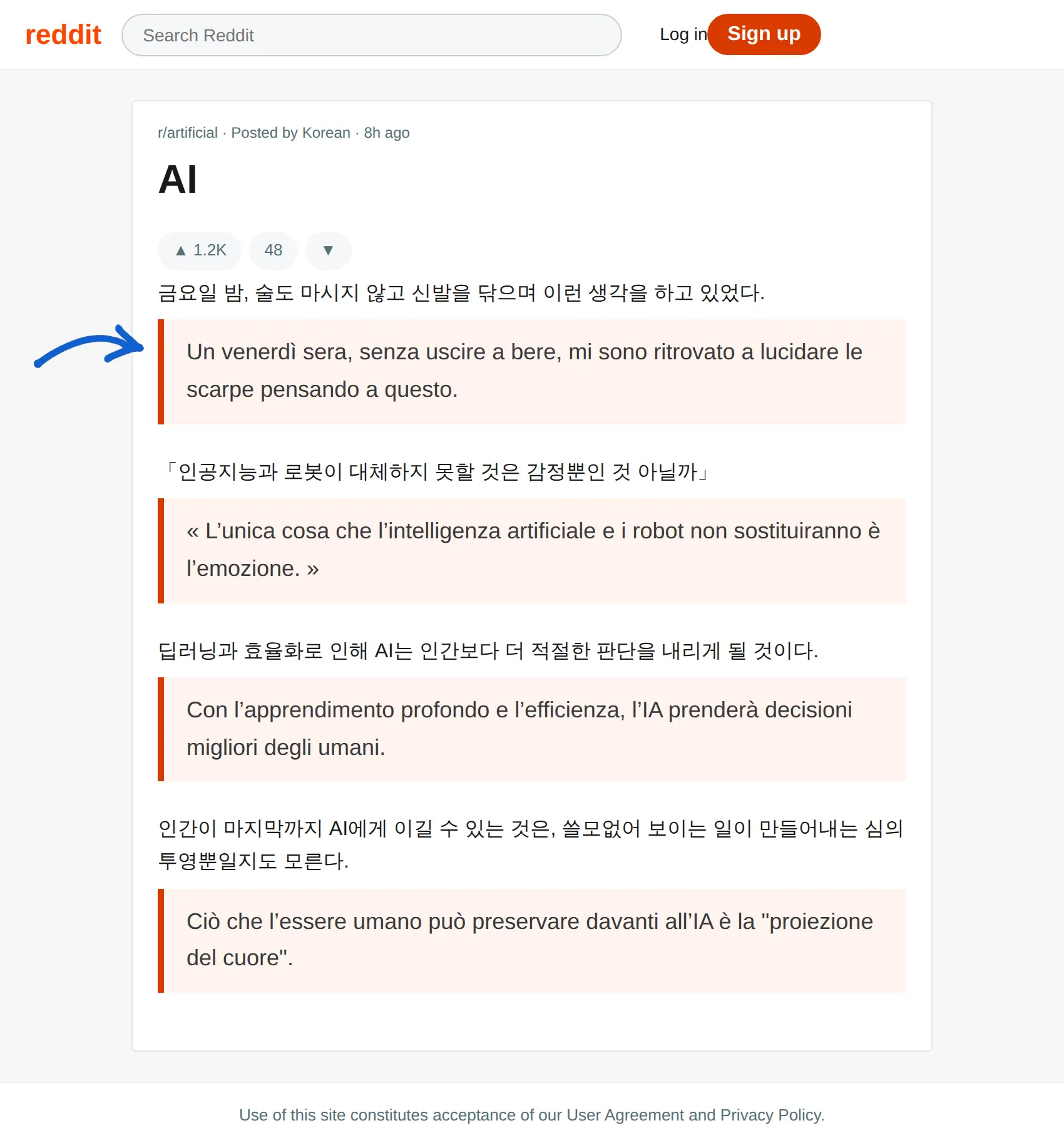 Korean post translated to Italian with BothLang