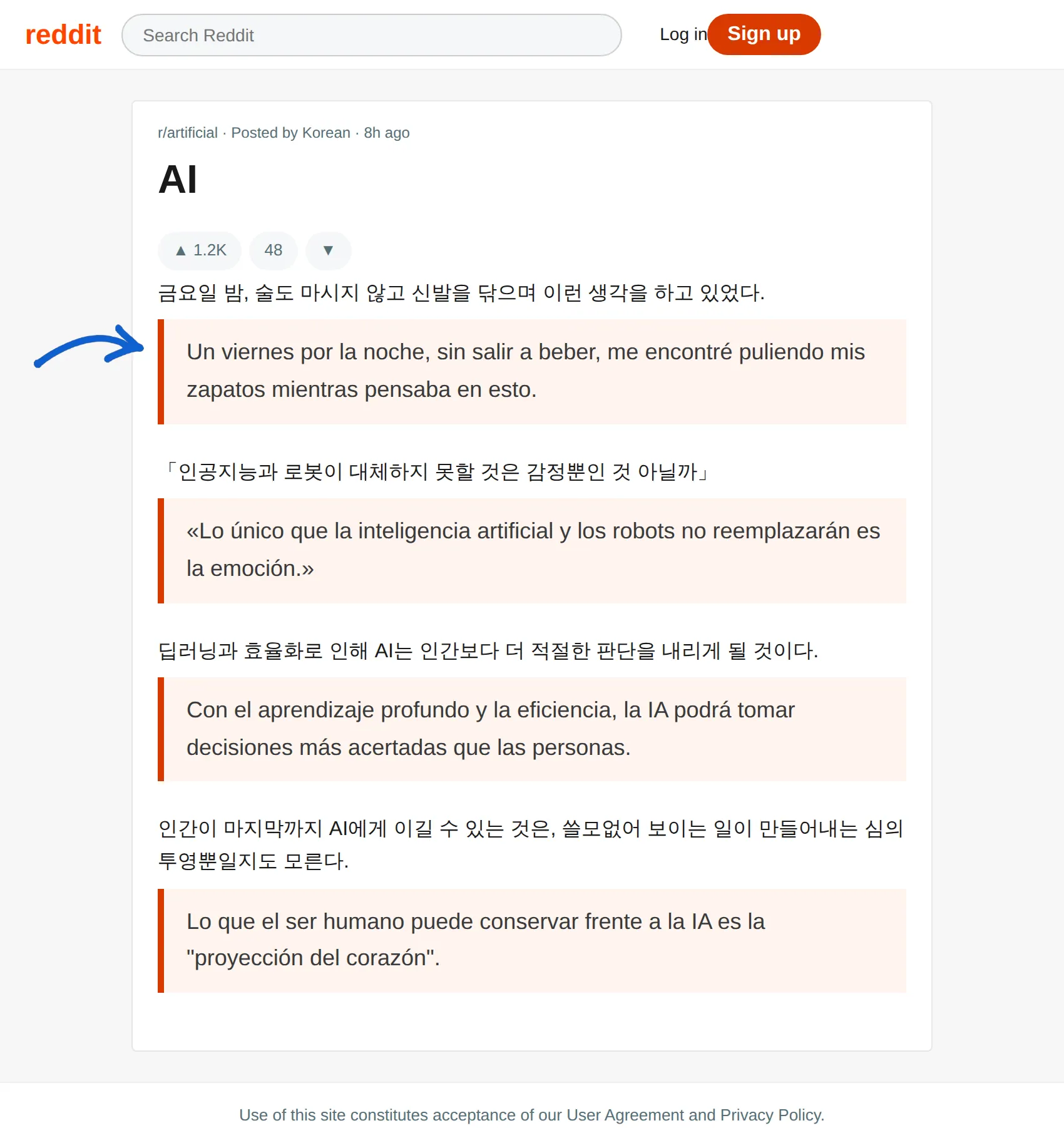 Korean post translated to Spanish with BothLang