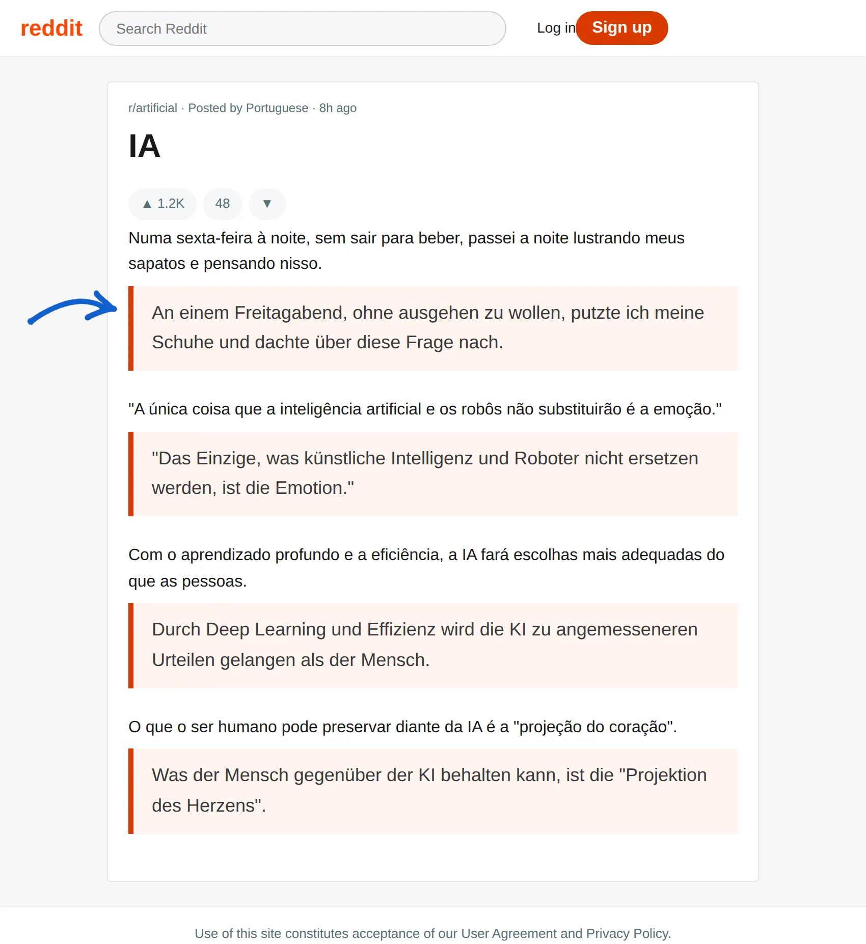 Portuguese post translated to German with BothLang