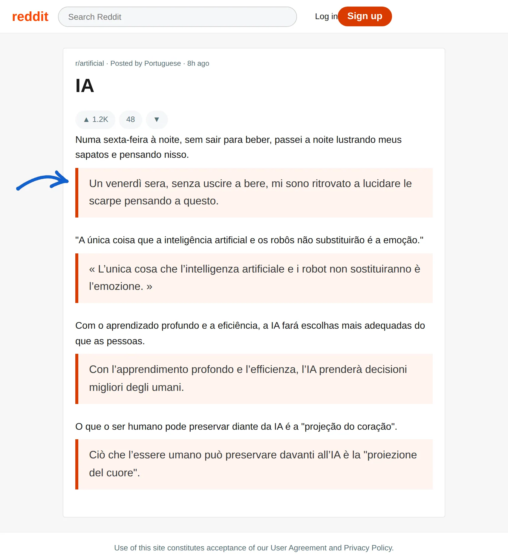 Portuguese post translated to Italian with BothLang