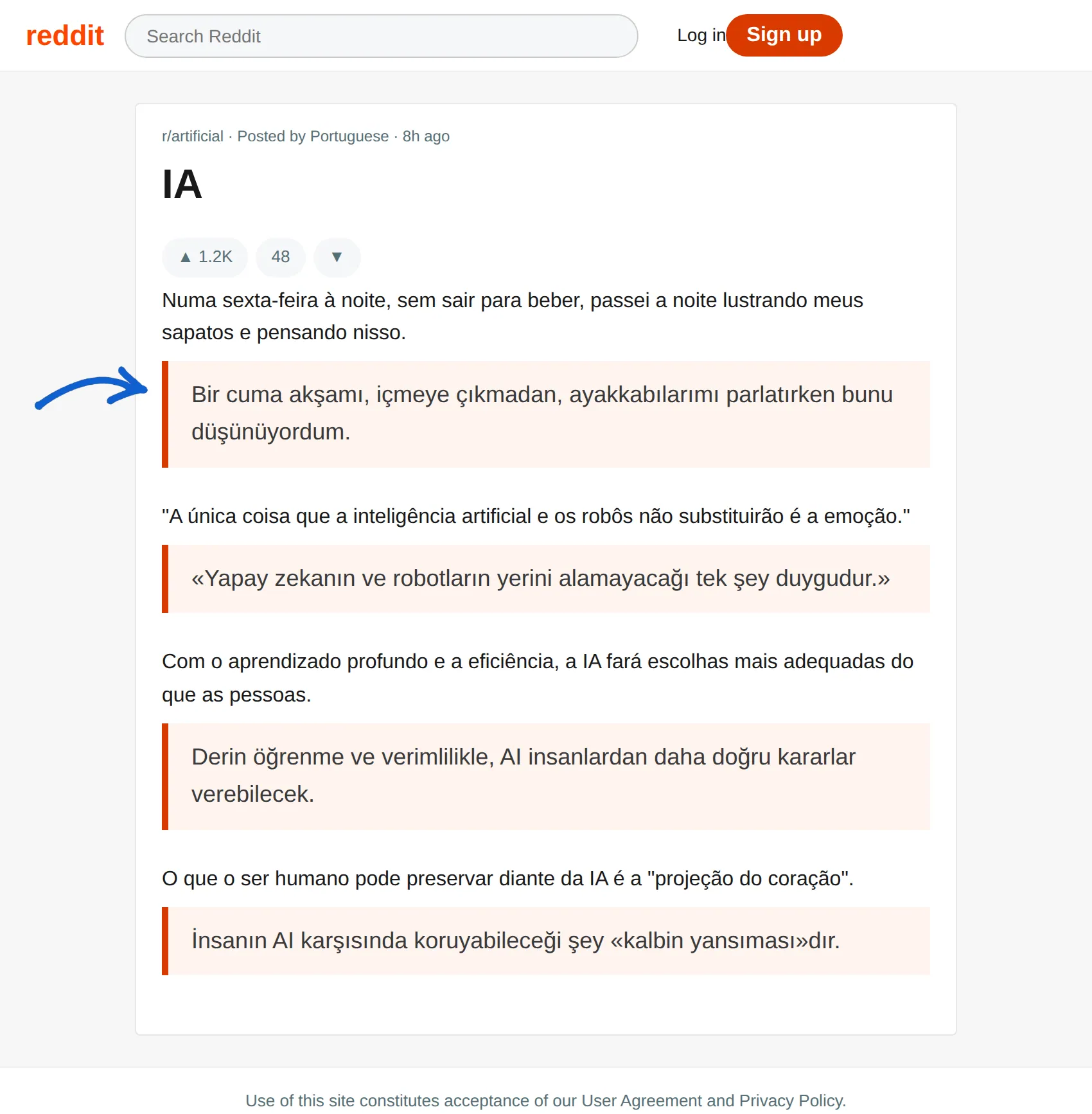 Portuguese post translated to Turkish with BothLang