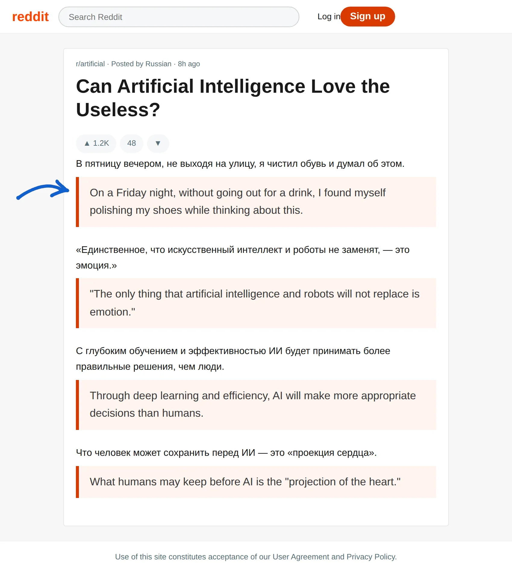 Russian Reddit post translated to English with BothLang