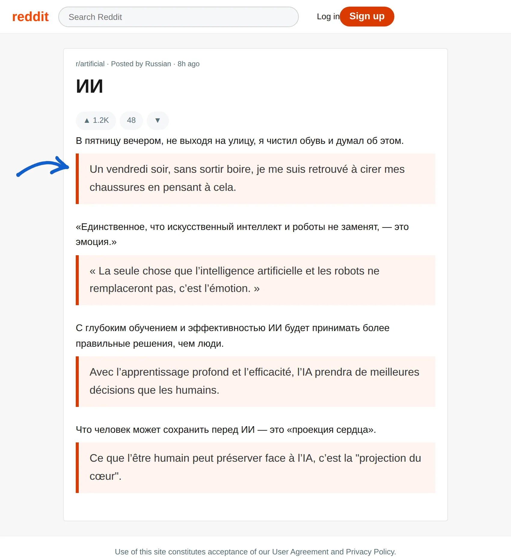 Russian post translated to French with BothLang