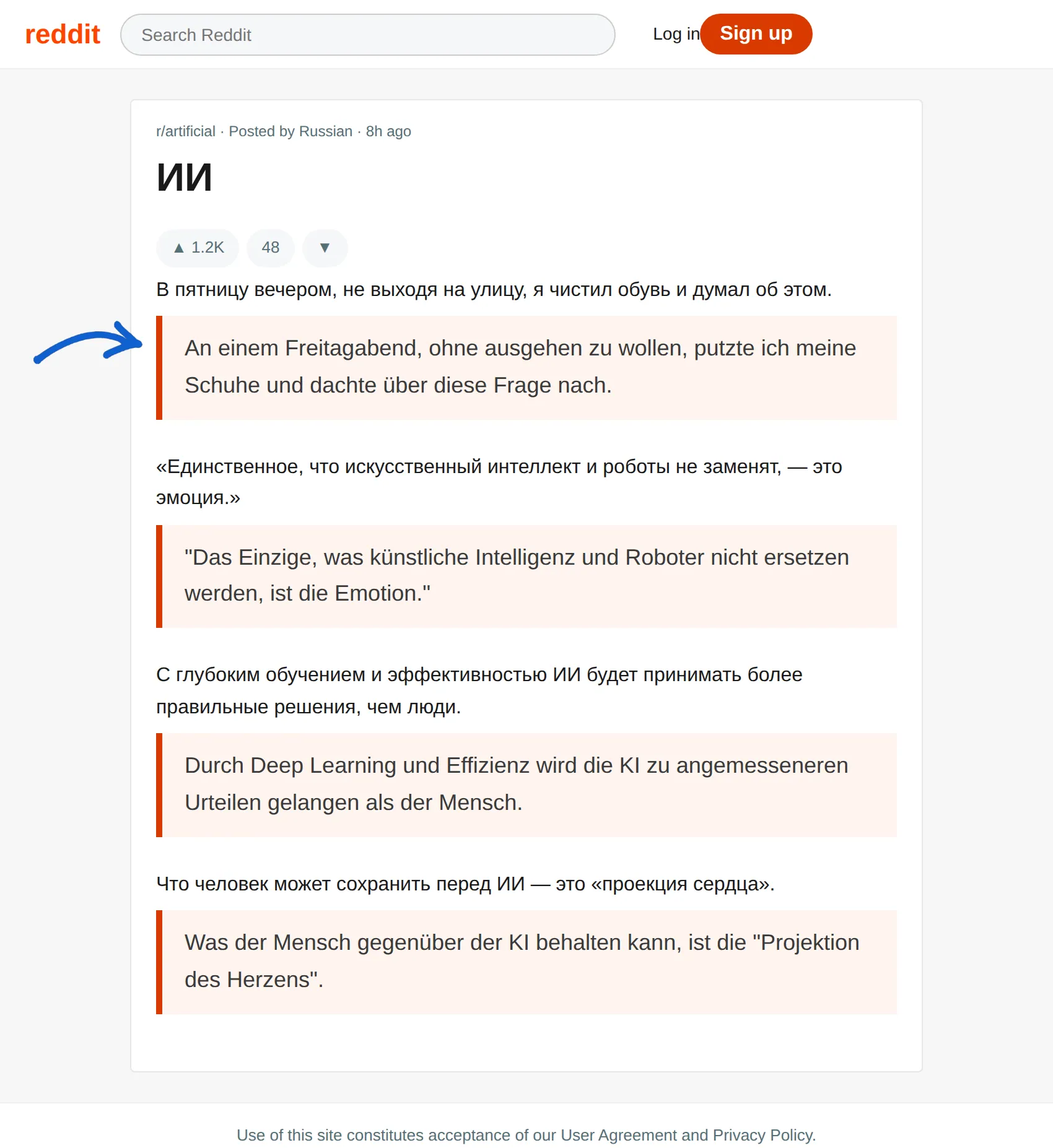 Russian post translated to German with BothLang