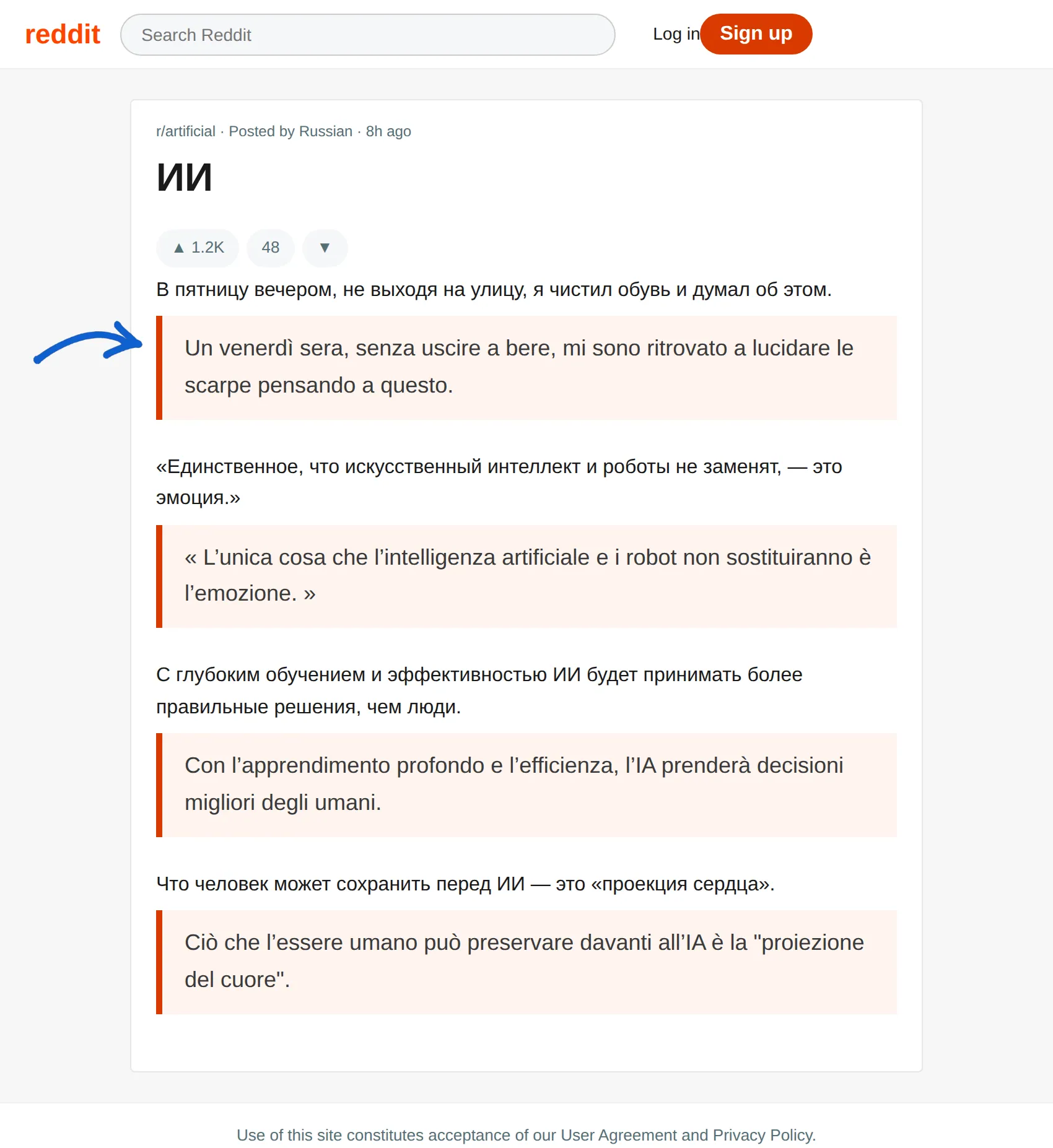 Russian post translated to Italian with BothLang