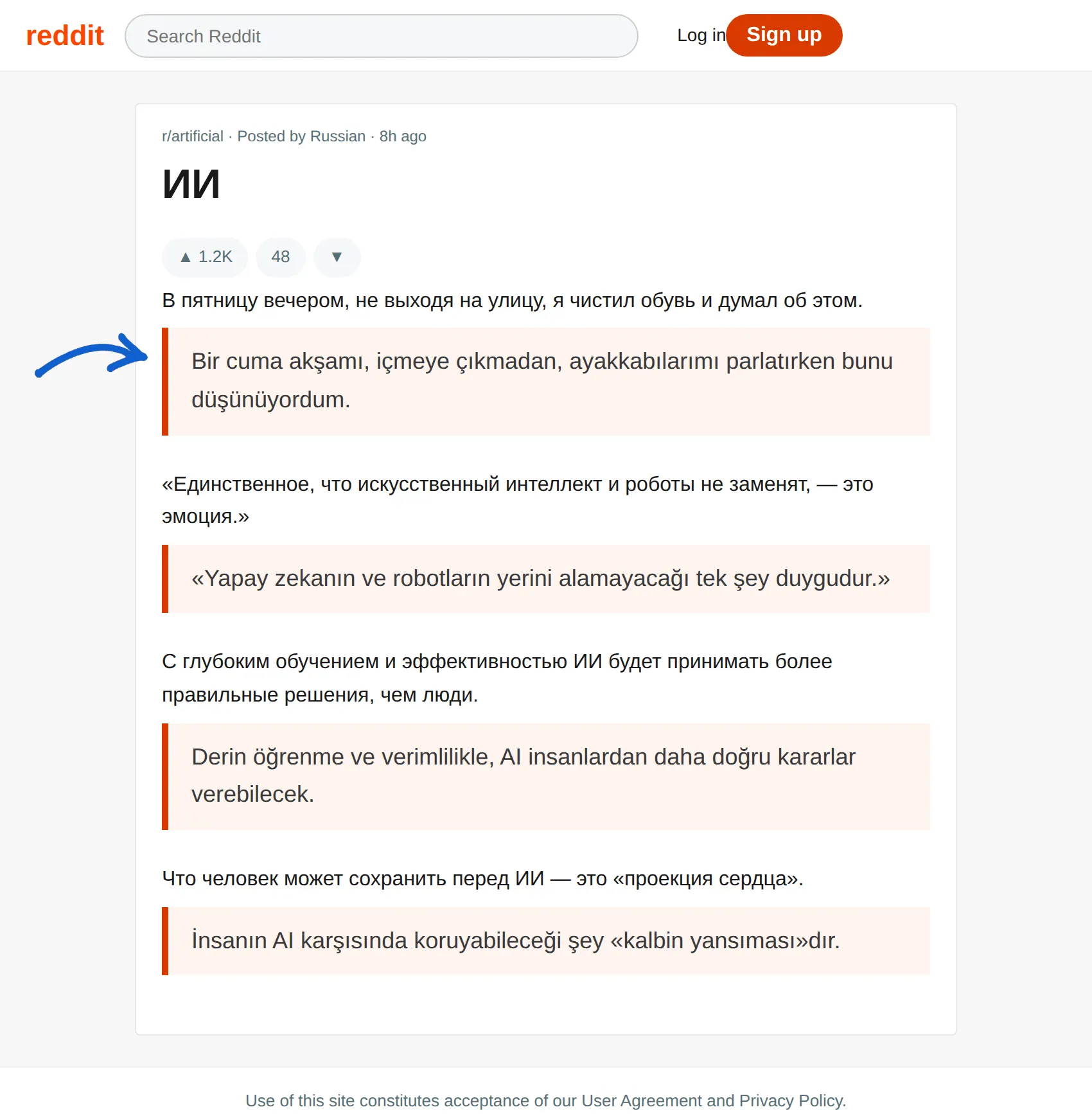 Russian post translated to Turkish with BothLang