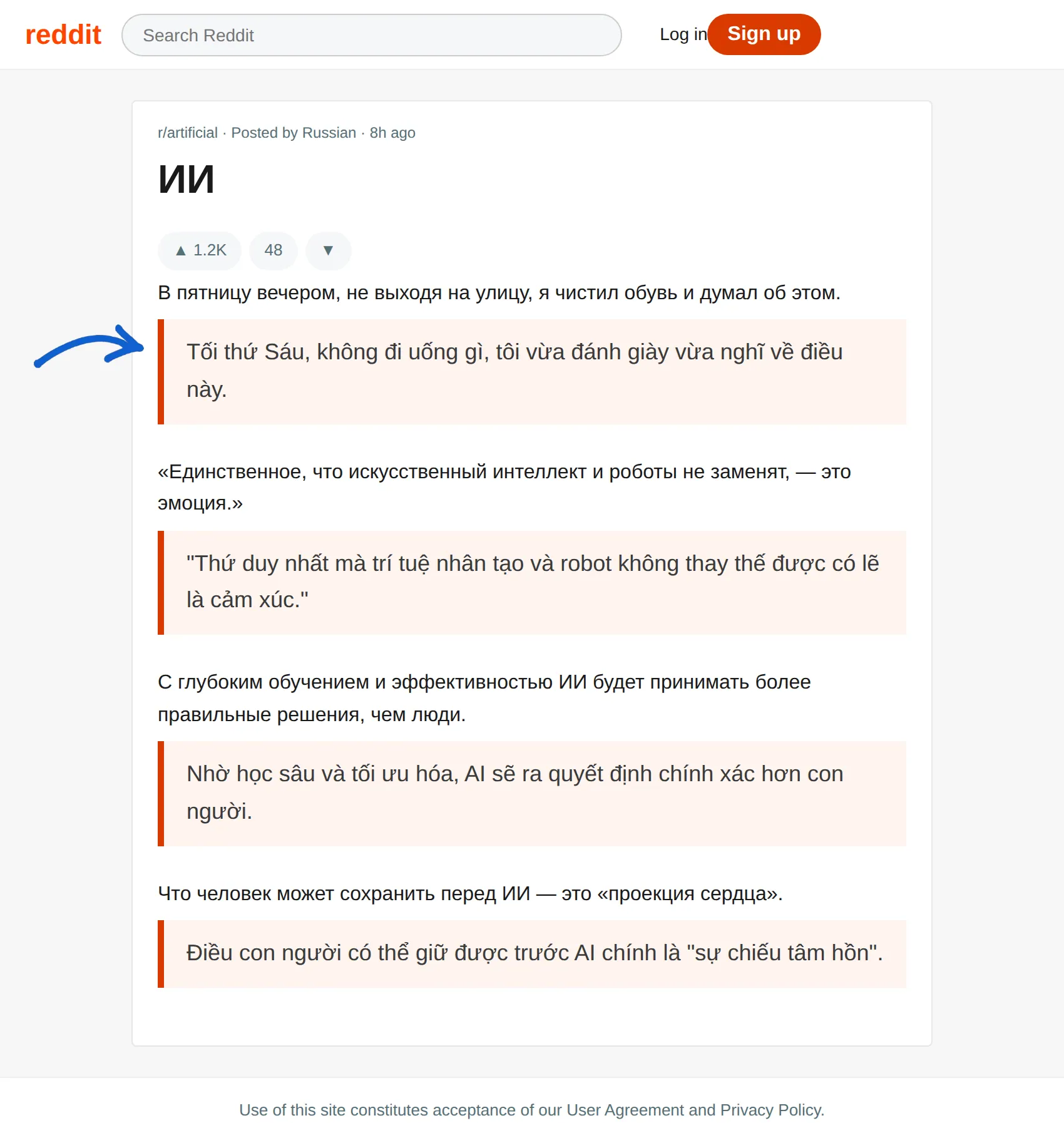 Russian post translated to Vietnamese with BothLang