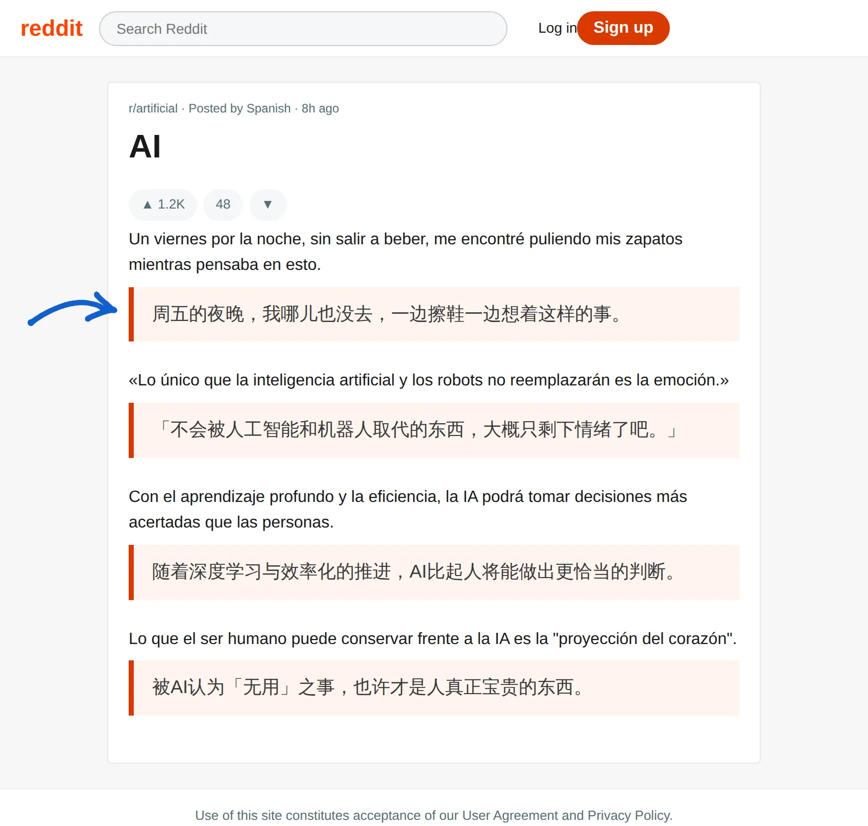 Spanish post translated to Chinese with BothLang