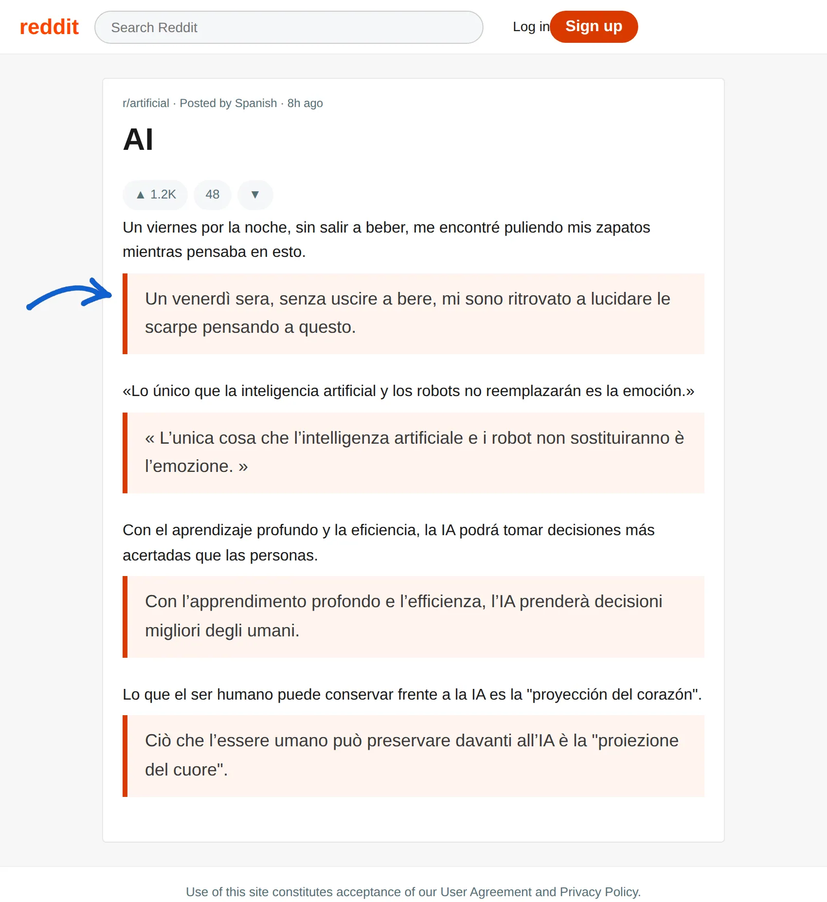 Spanish post translated to Italian with BothLang