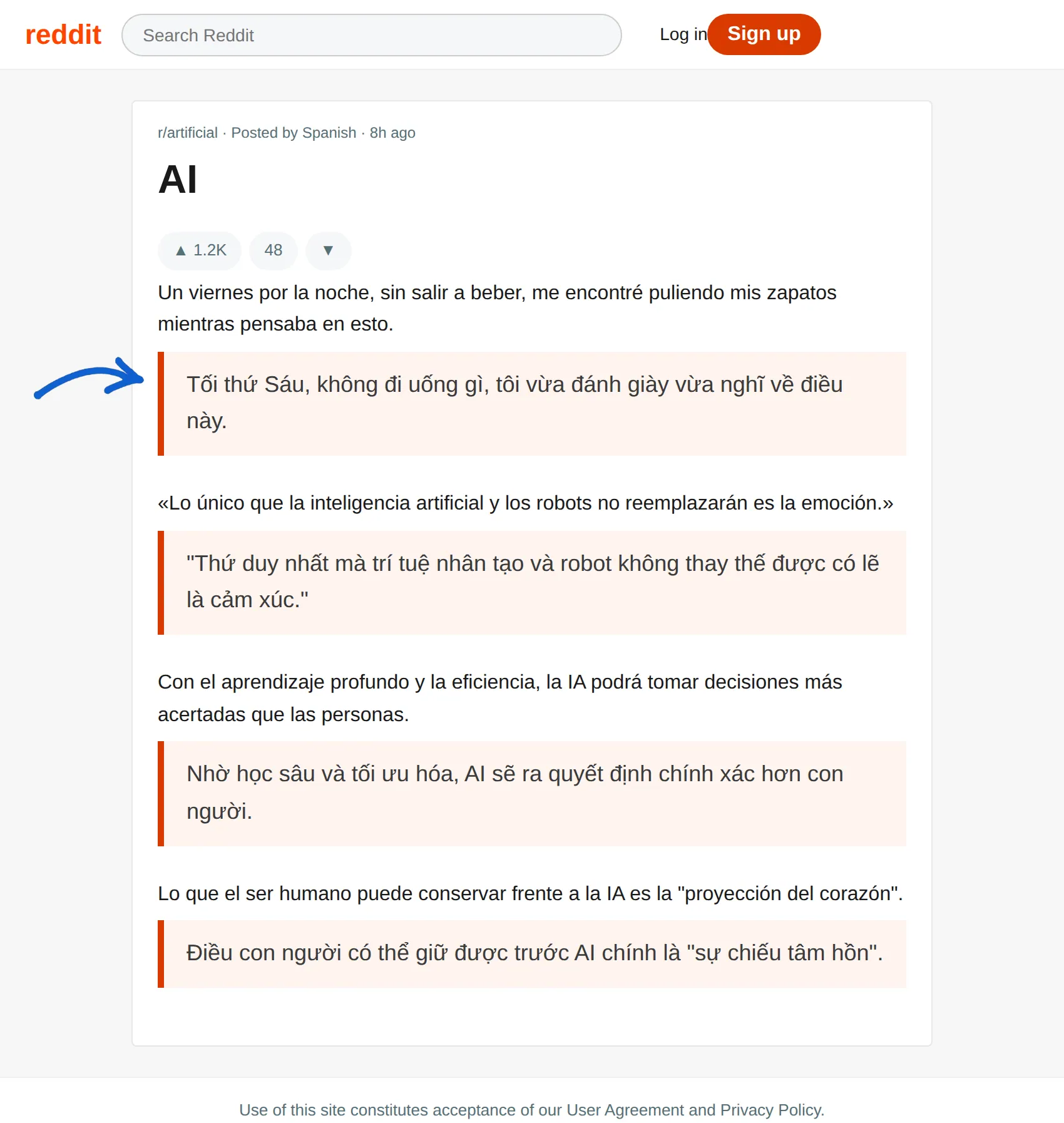 Spanish post translated to Vietnamese with BothLang