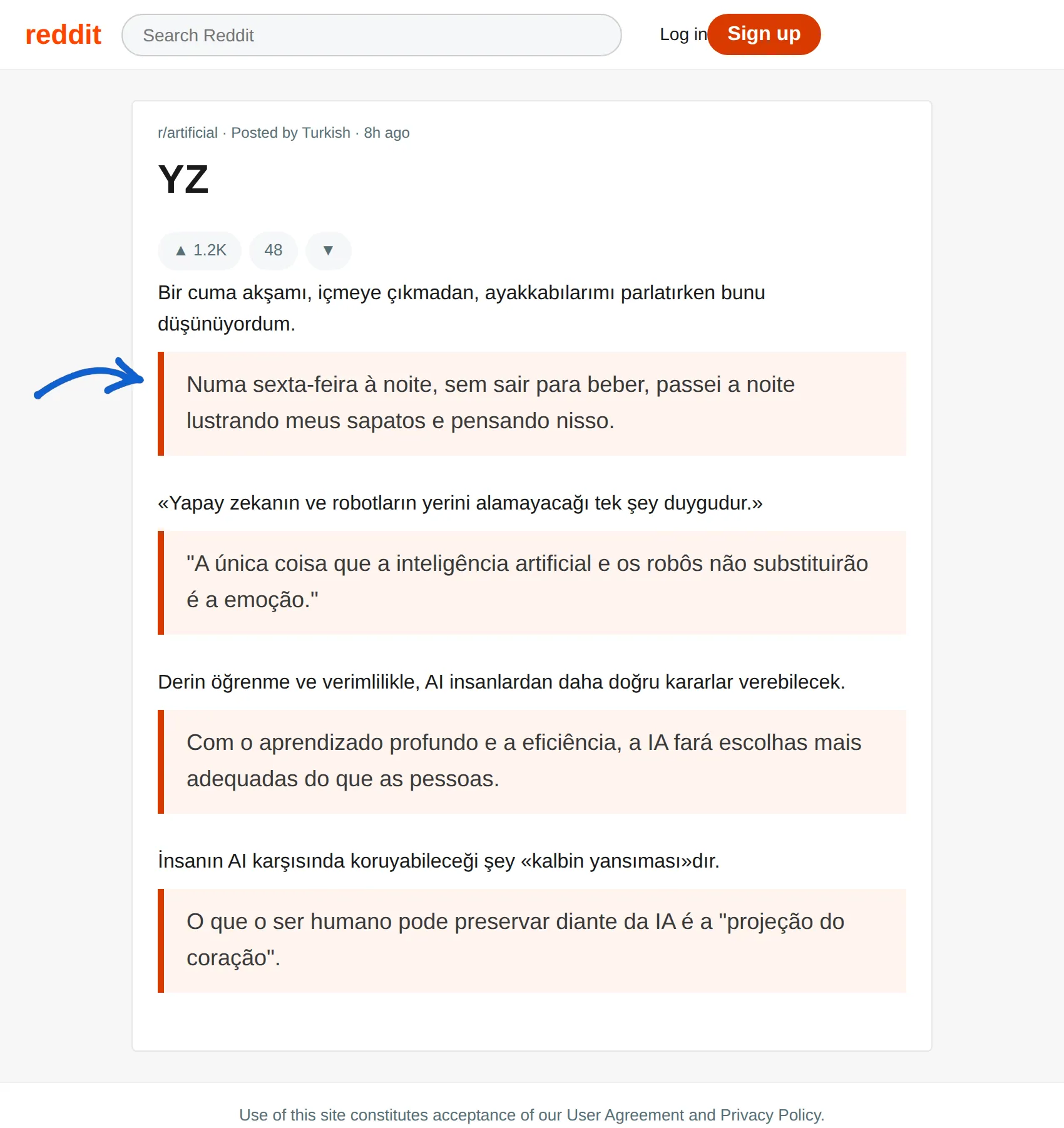 Turkish post translated to Portuguese with BothLang