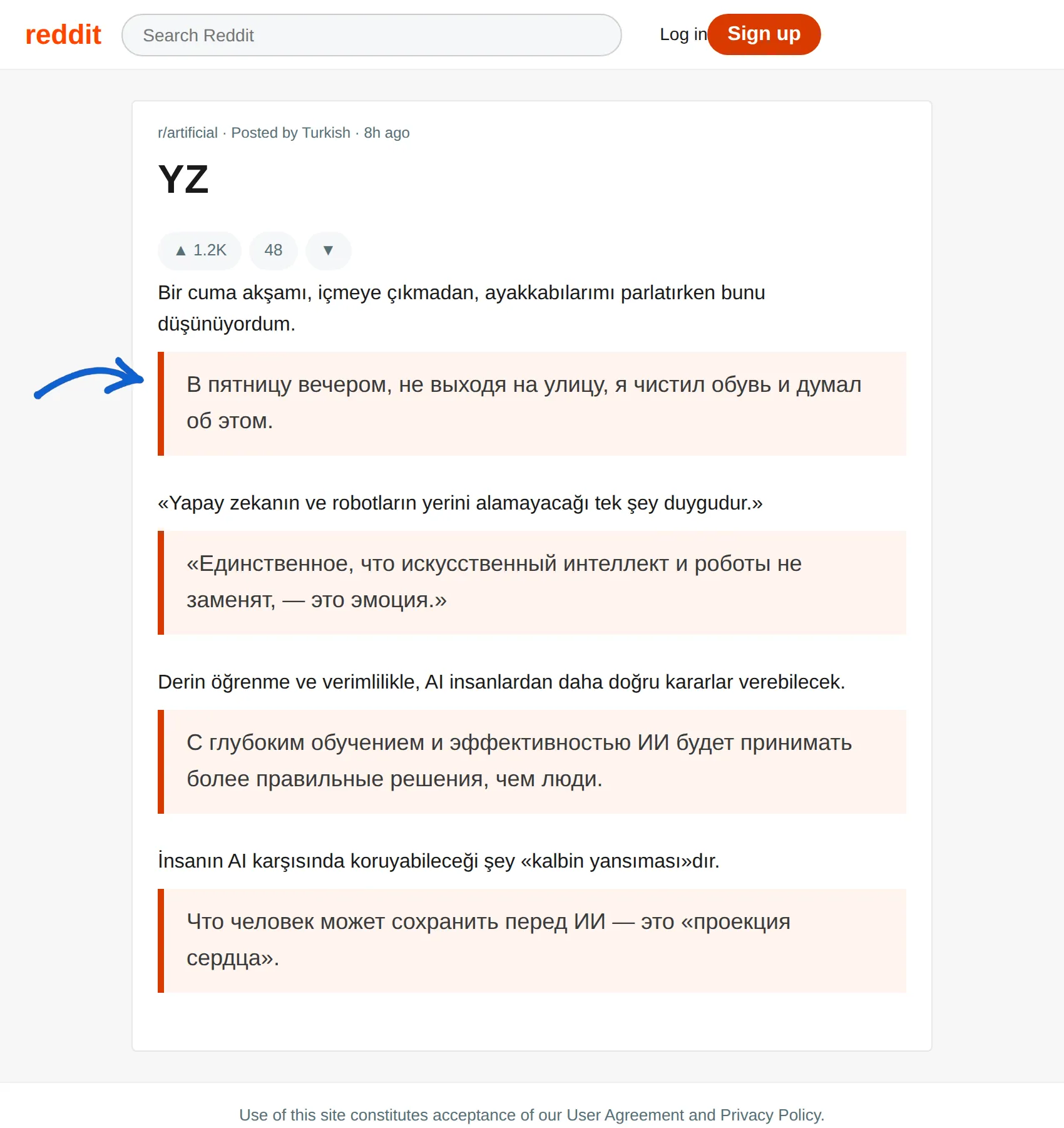 Turkish post translated to Russian with BothLang