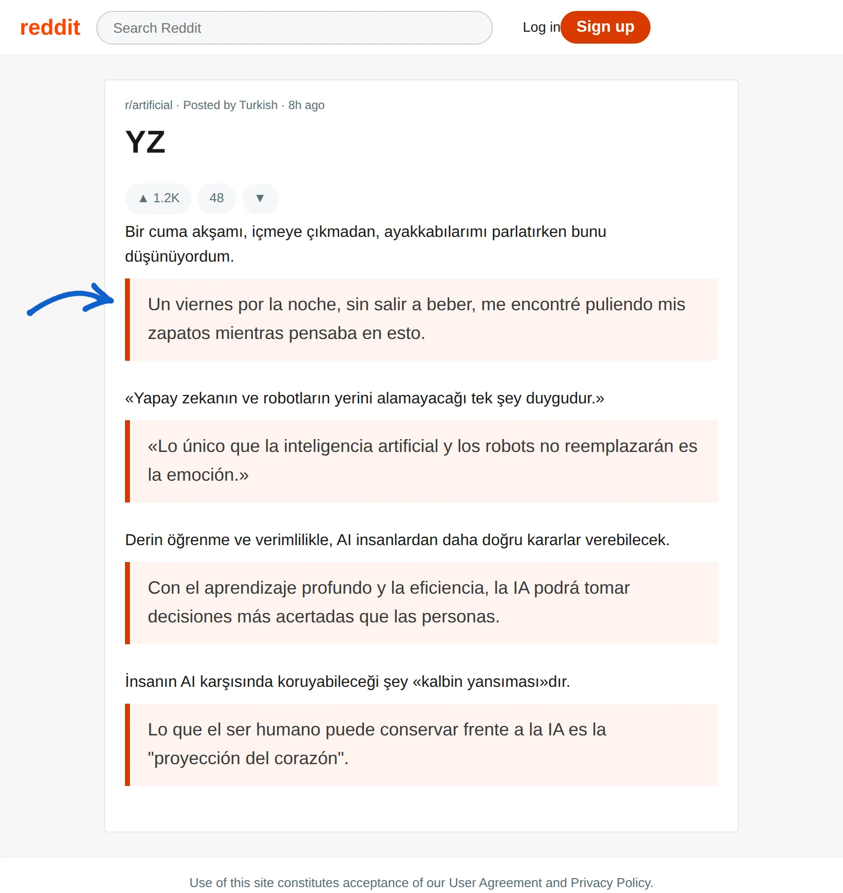 Turkish post translated to Spanish with BothLang