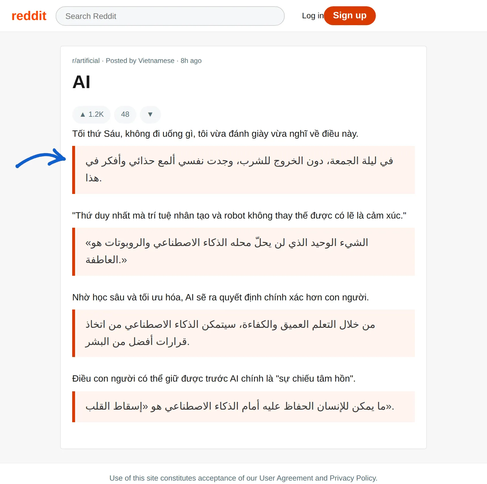 Vietnamese post translated to Arabic with BothLang