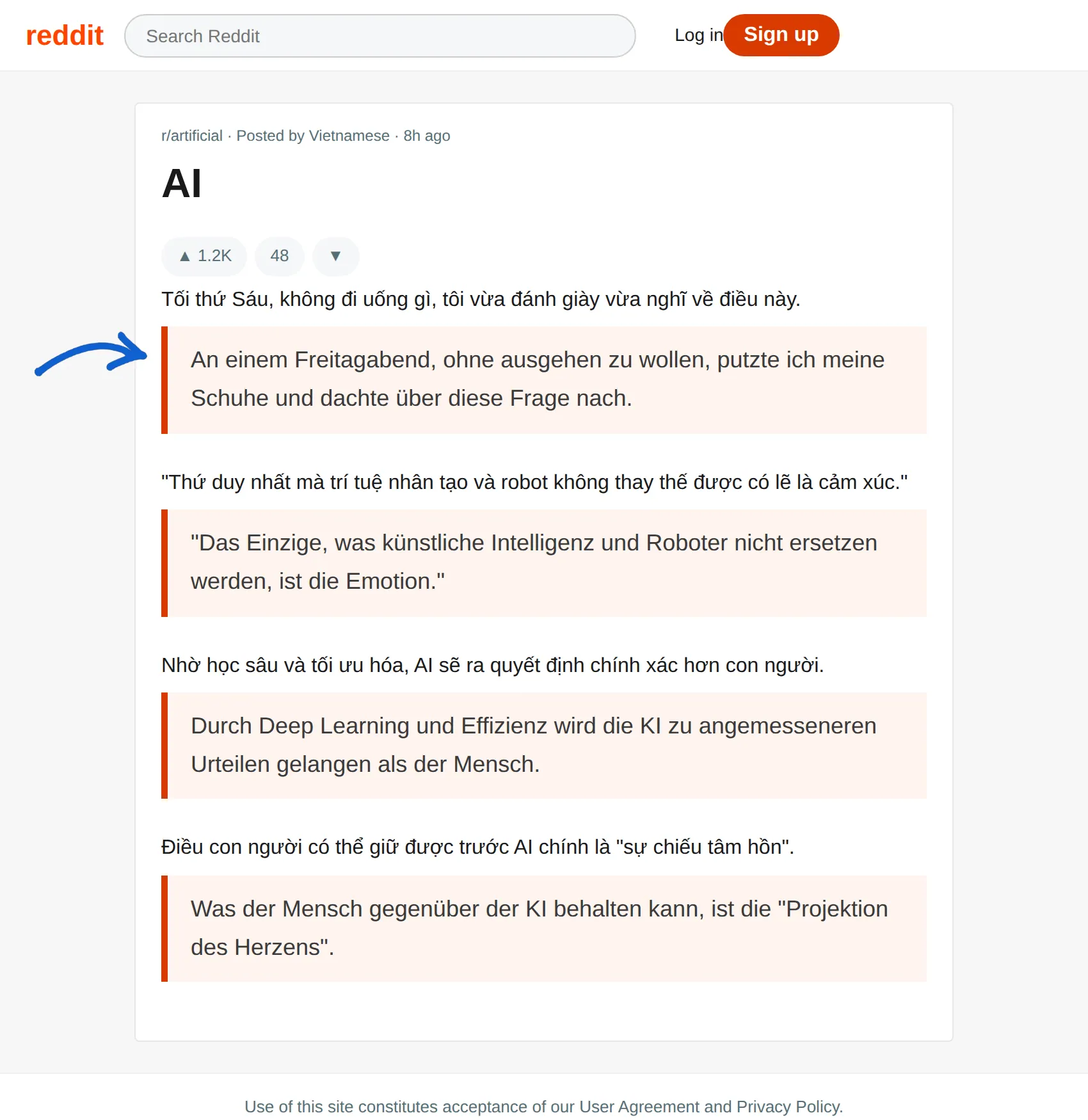 Vietnamese post translated to German with BothLang