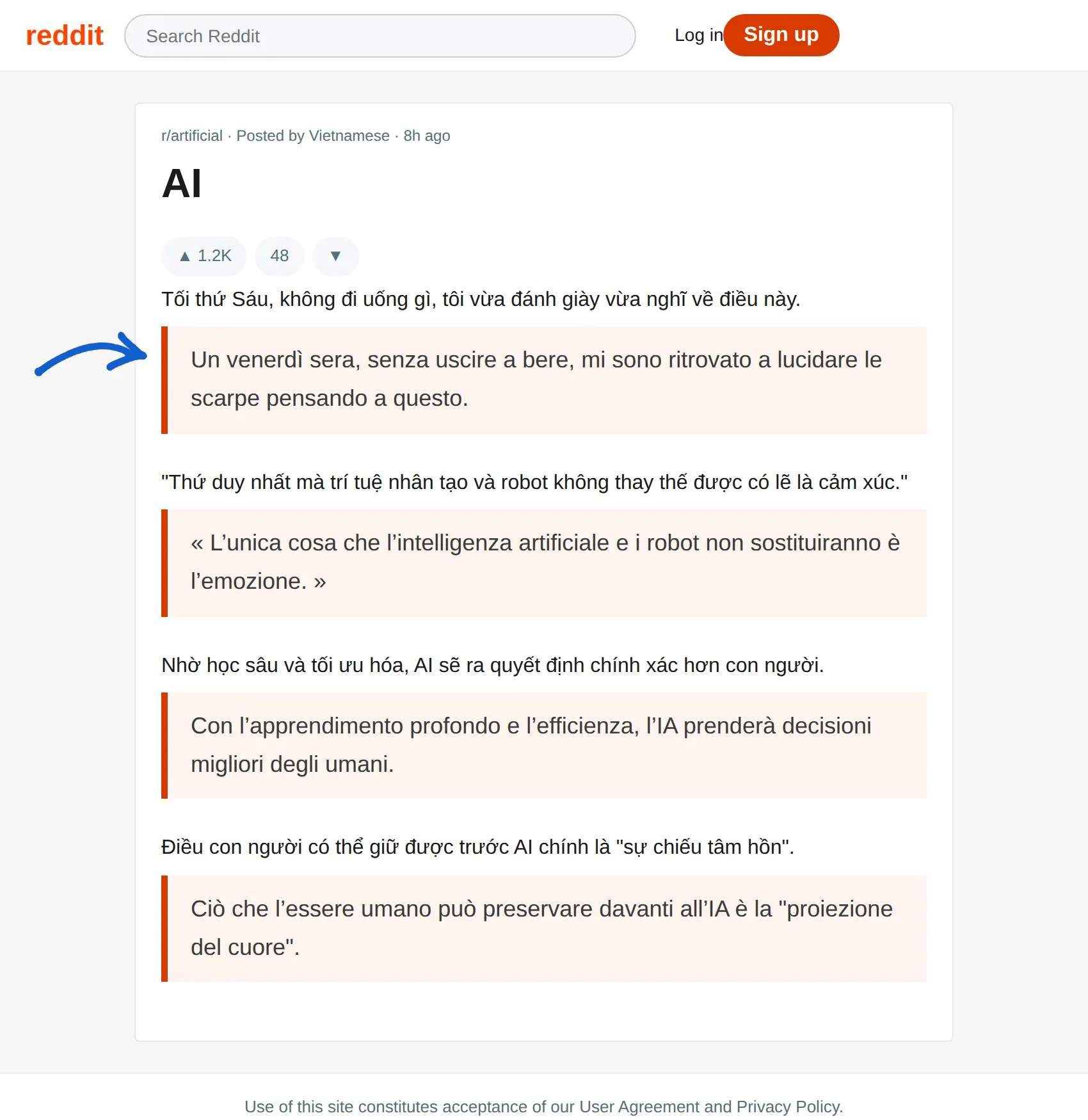 Vietnamese post translated to Italian with BothLang