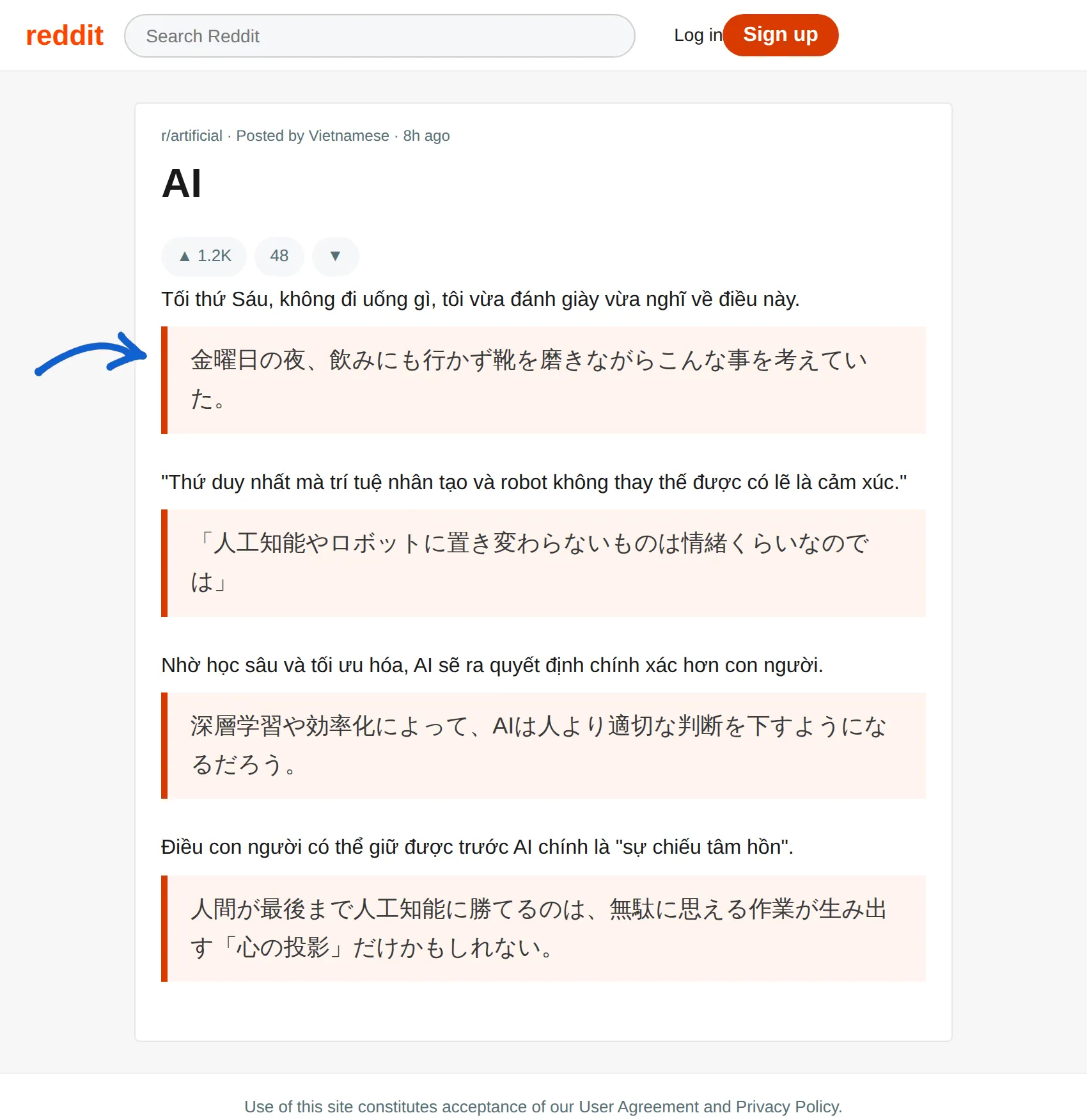 Vietnamese post translated to Japanese with BothLang