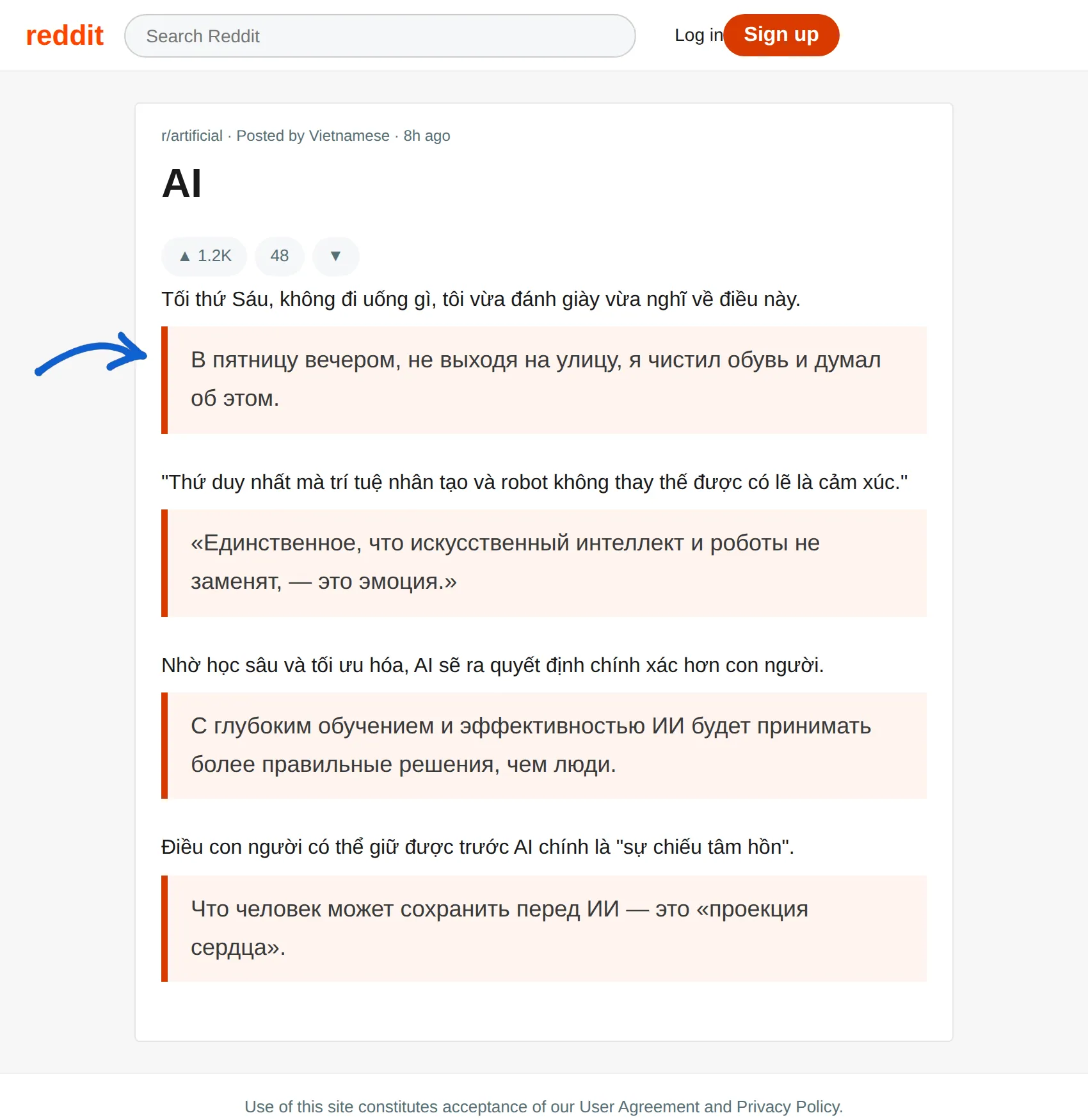 Vietnamese post translated to Russian with BothLang