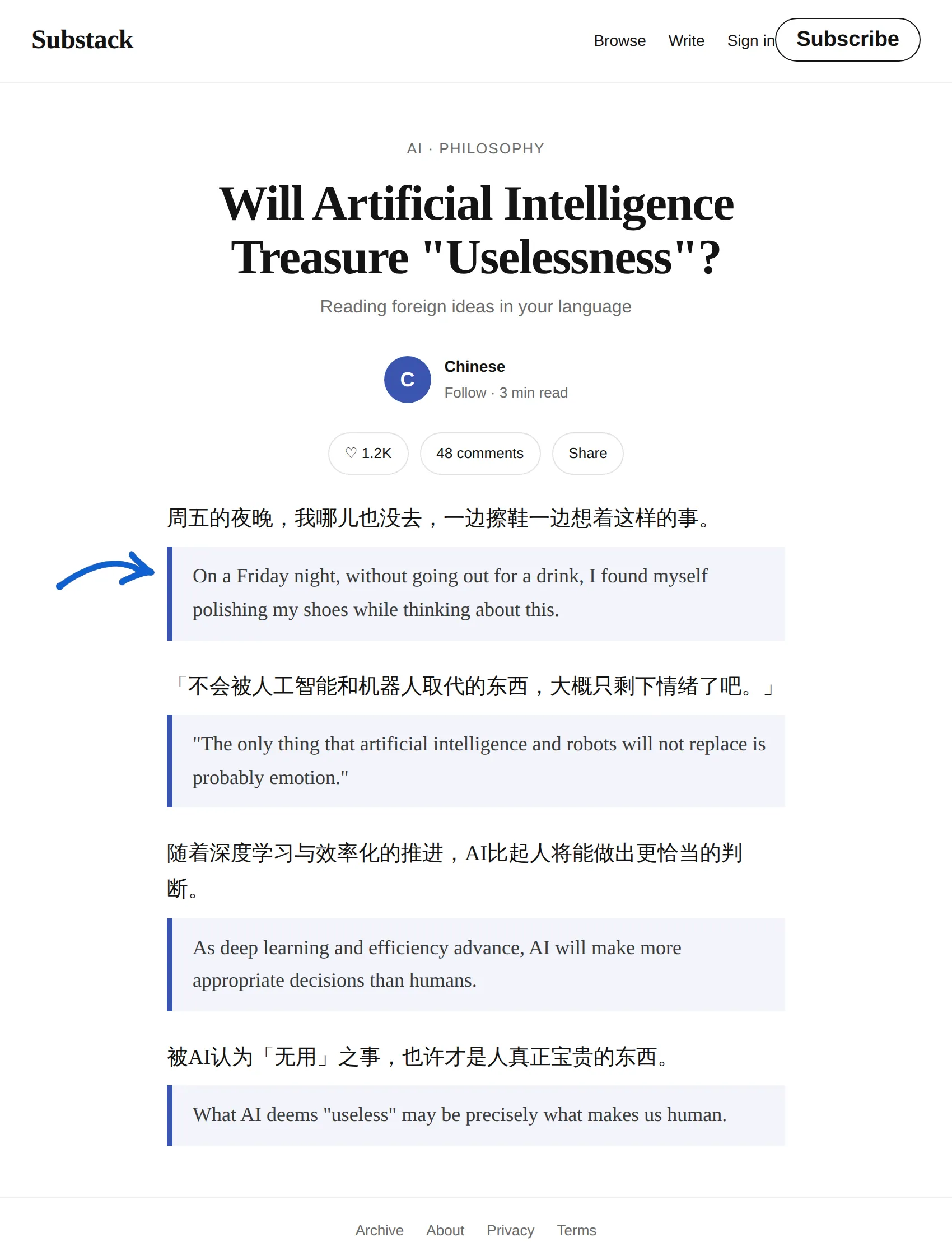 Chinese Substack translated to English with BothLang