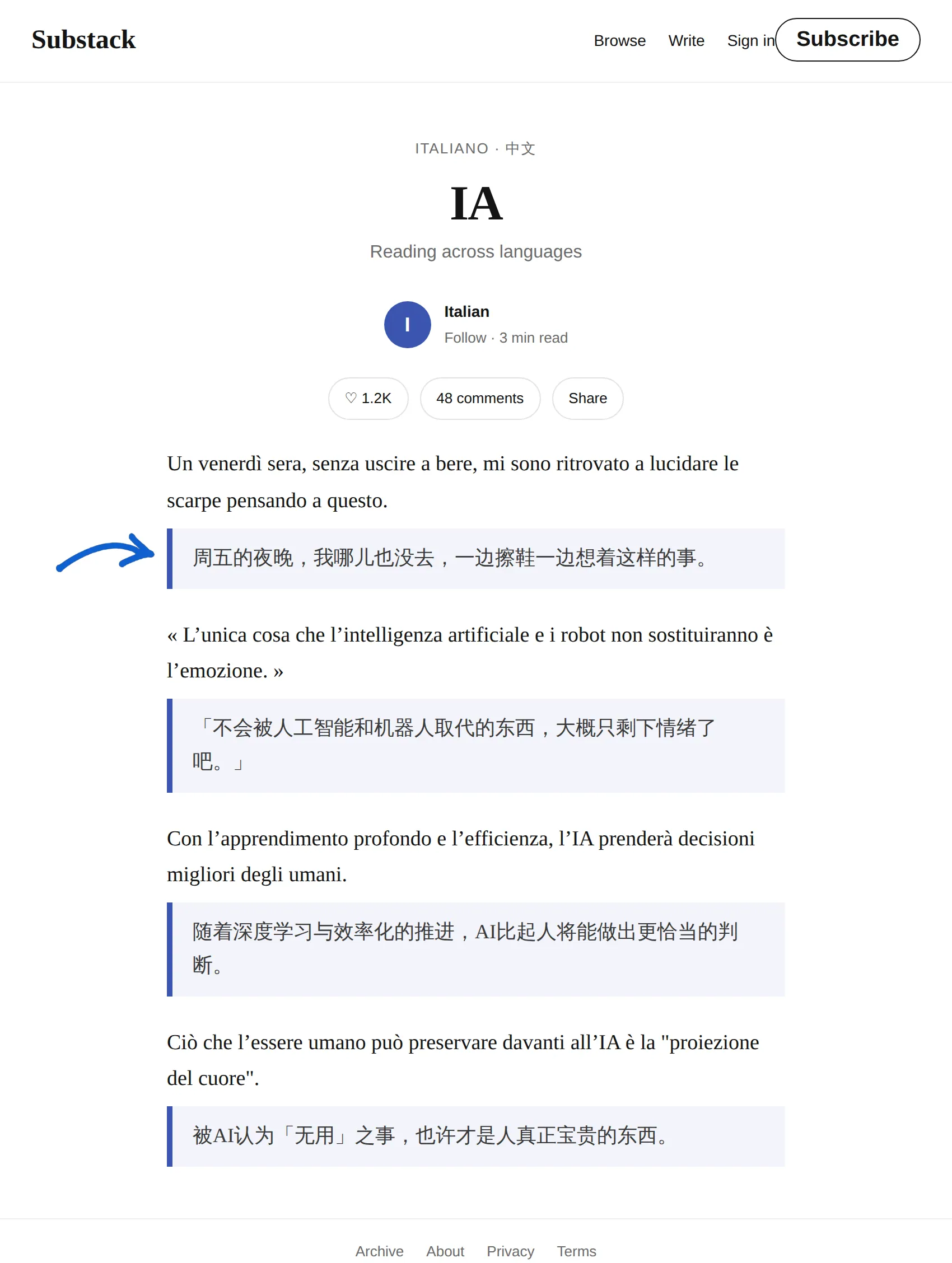 Italian newsletter translated to Chinese with BothLang