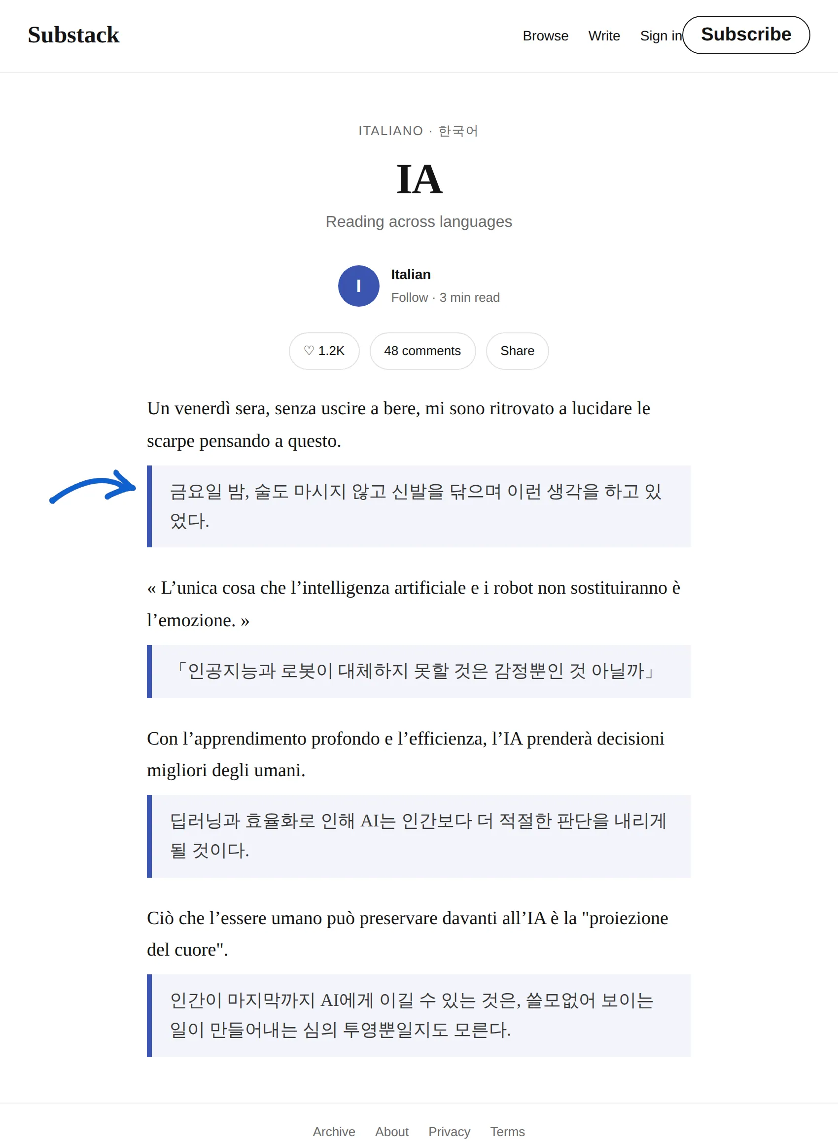 Italian newsletter translated to Korean with BothLang