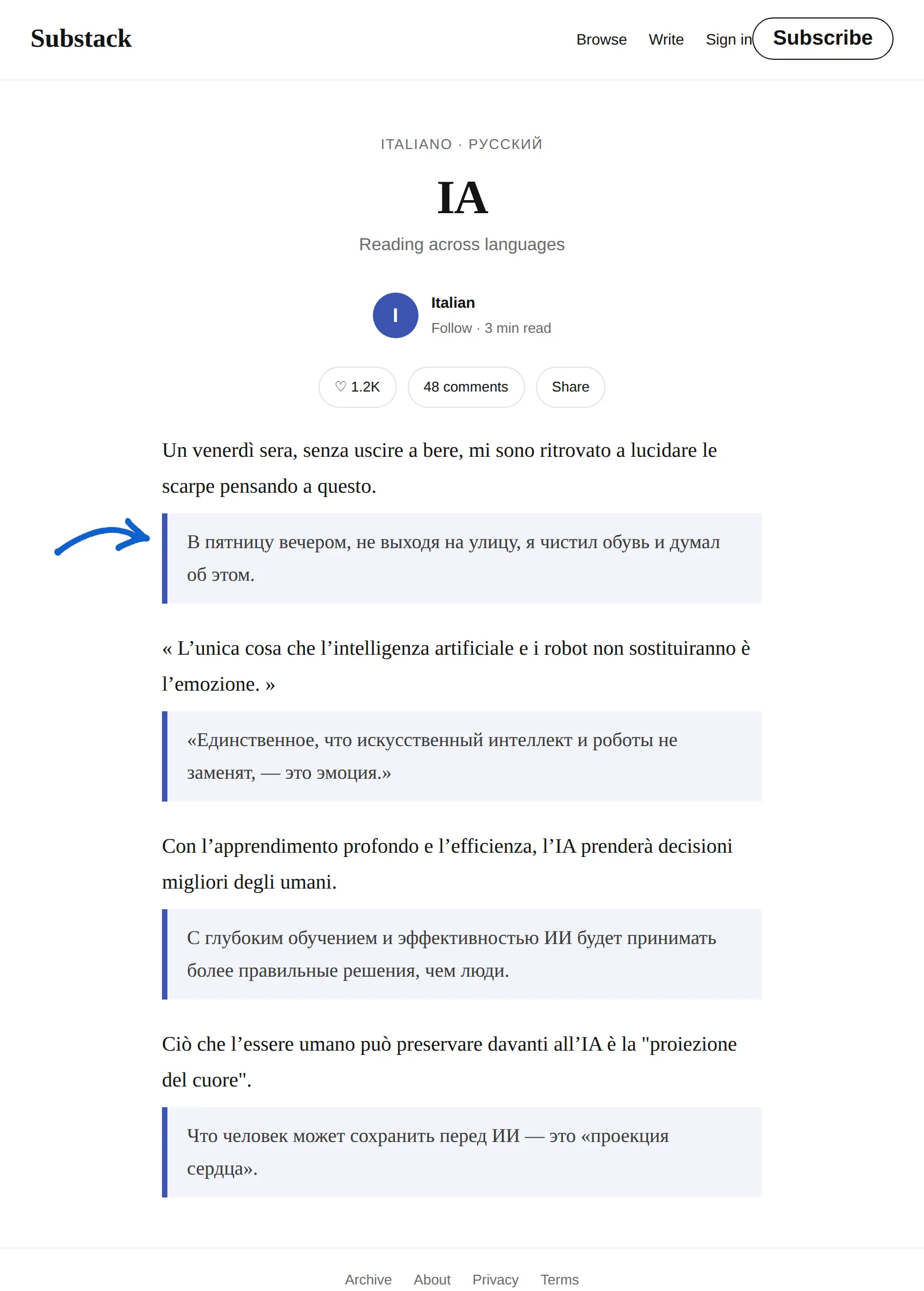 Italian newsletter translated to Russian with BothLang