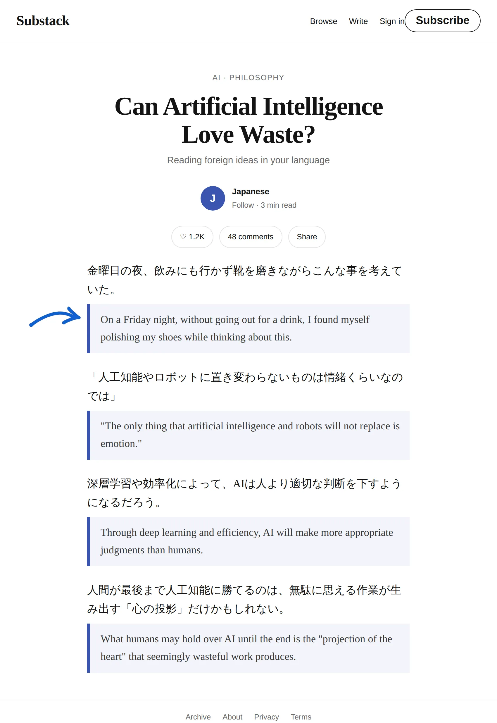 Japanese Substack translated to English with BothLang