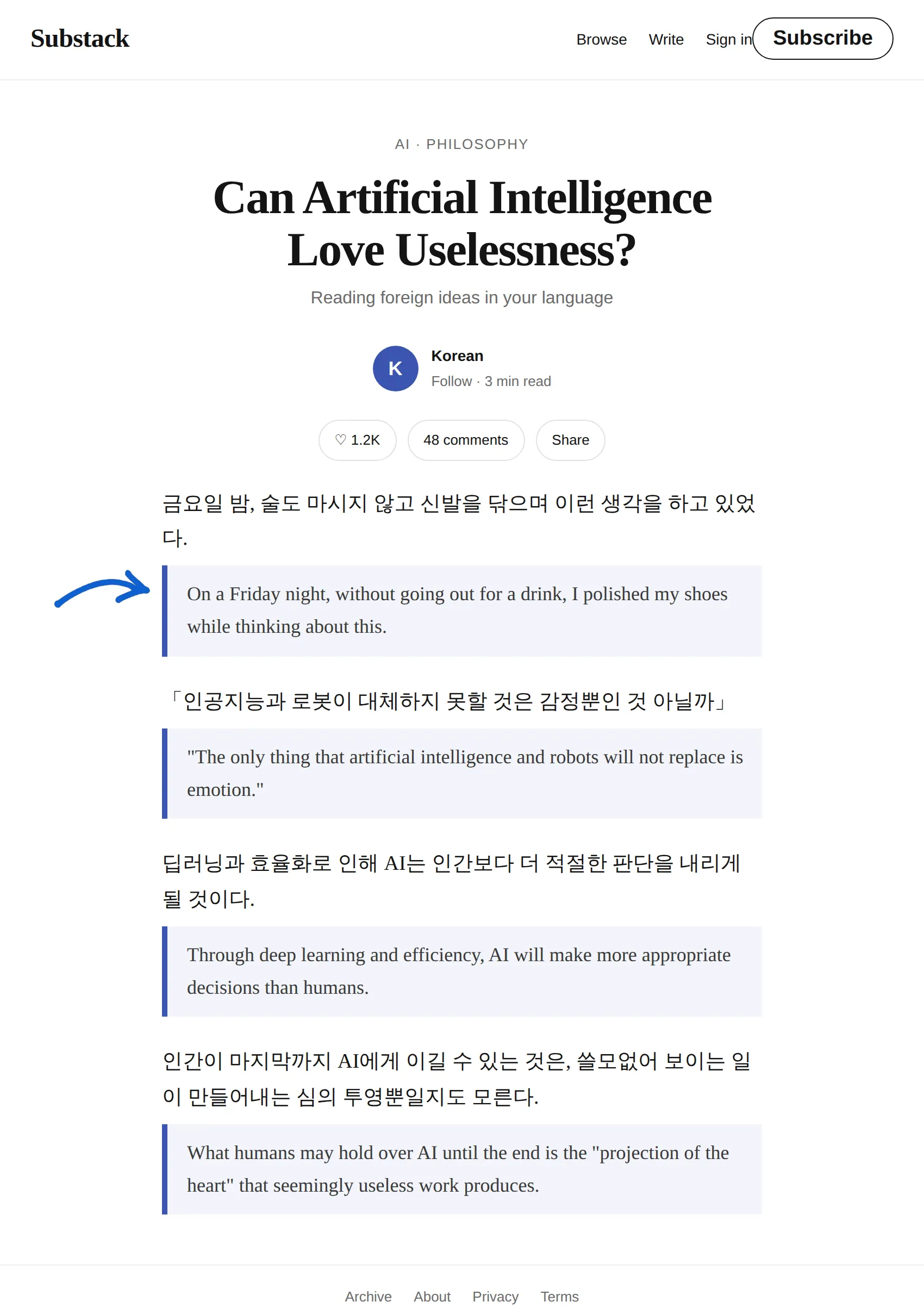Korean Substack translated to English with BothLang