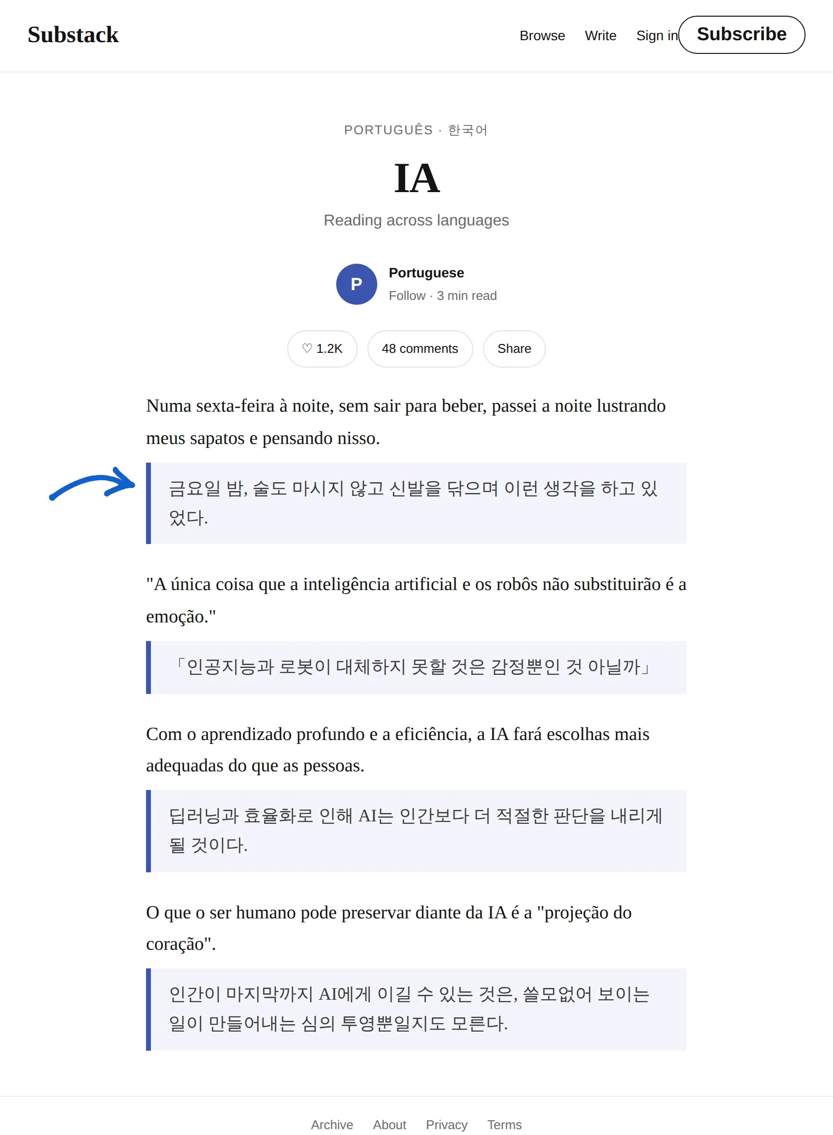 Portuguese newsletter translated to Korean with BothLang