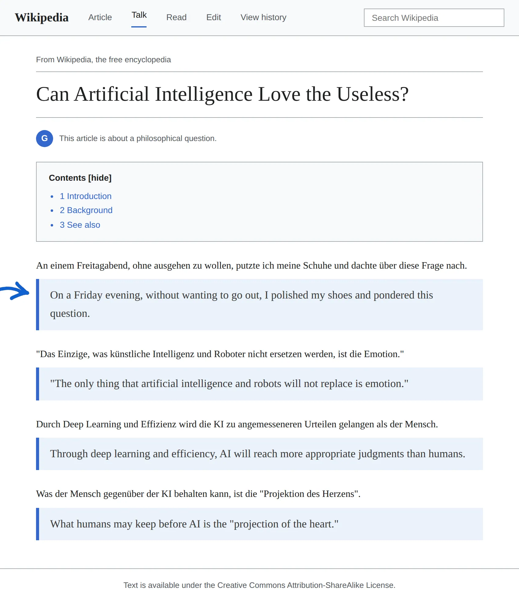German Wikipedia article translated to English with BothLang