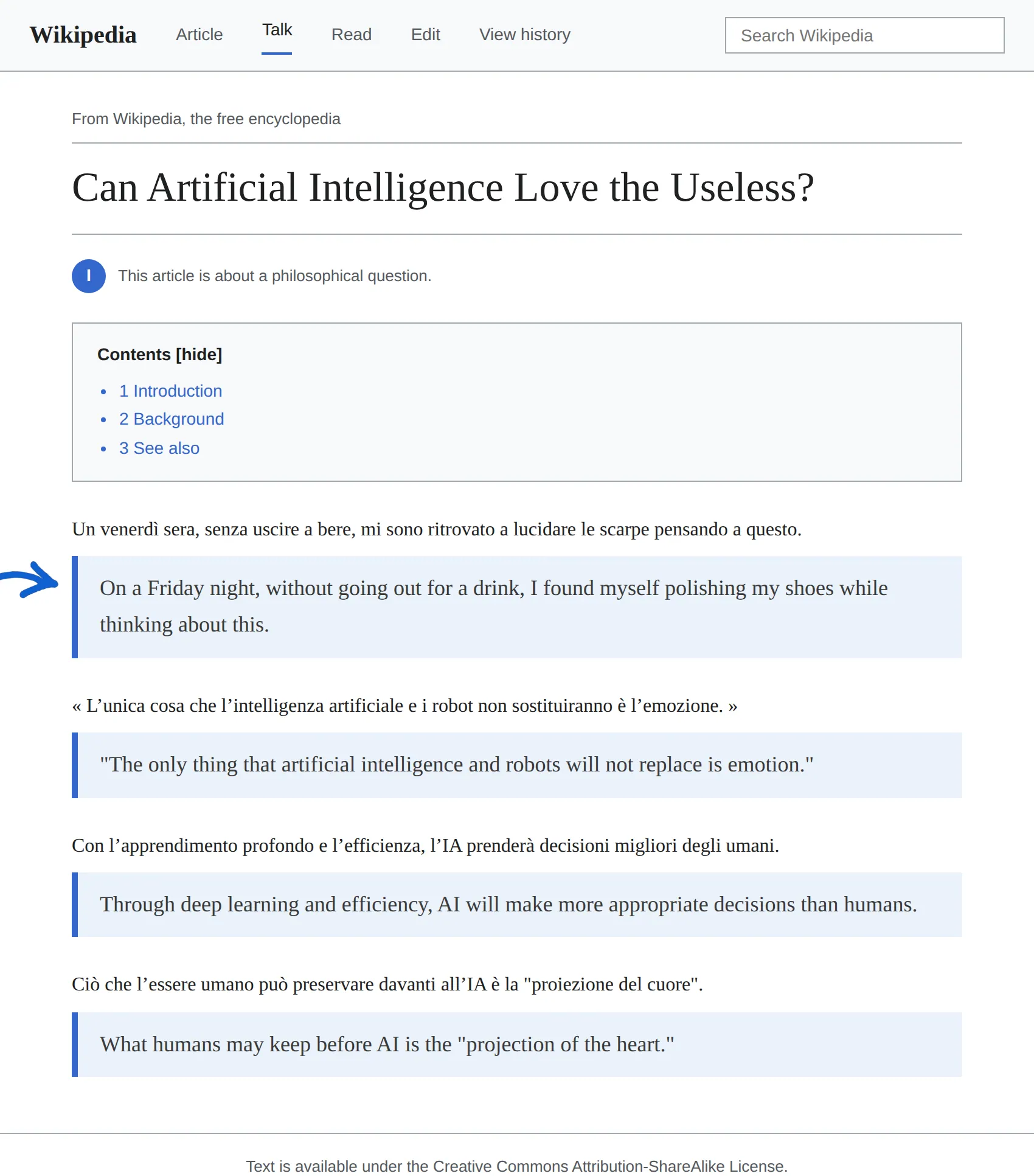 Italian Wikipedia article translated to English with BothLang