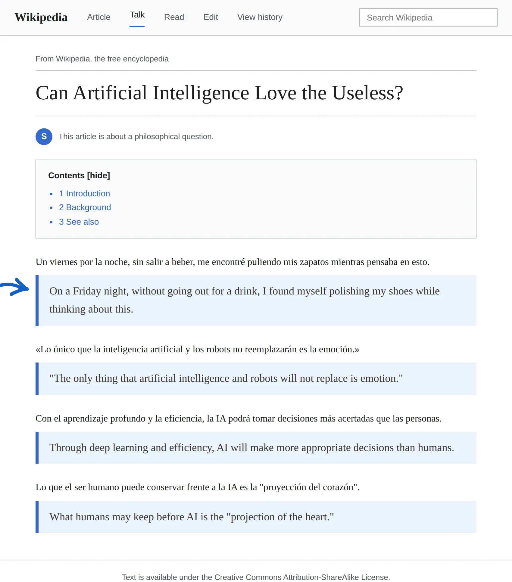 Spanish Wikipedia article translated to English with BothLang